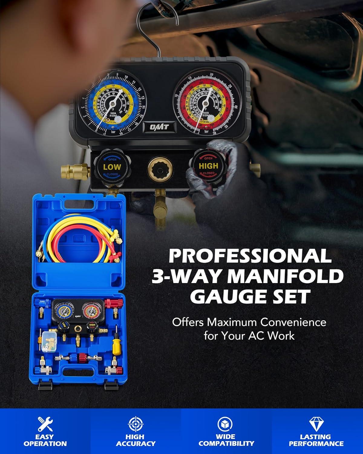 imageOrion Motor Tech AC Gauges 3 Way Manifold Gauge Set for R1234yf R134a R404a Refrigerant Automotive Gauge Set with Hoses Quick Couplers Self Sealing Can Taps for Car Freon Charging ampamp Evacuation