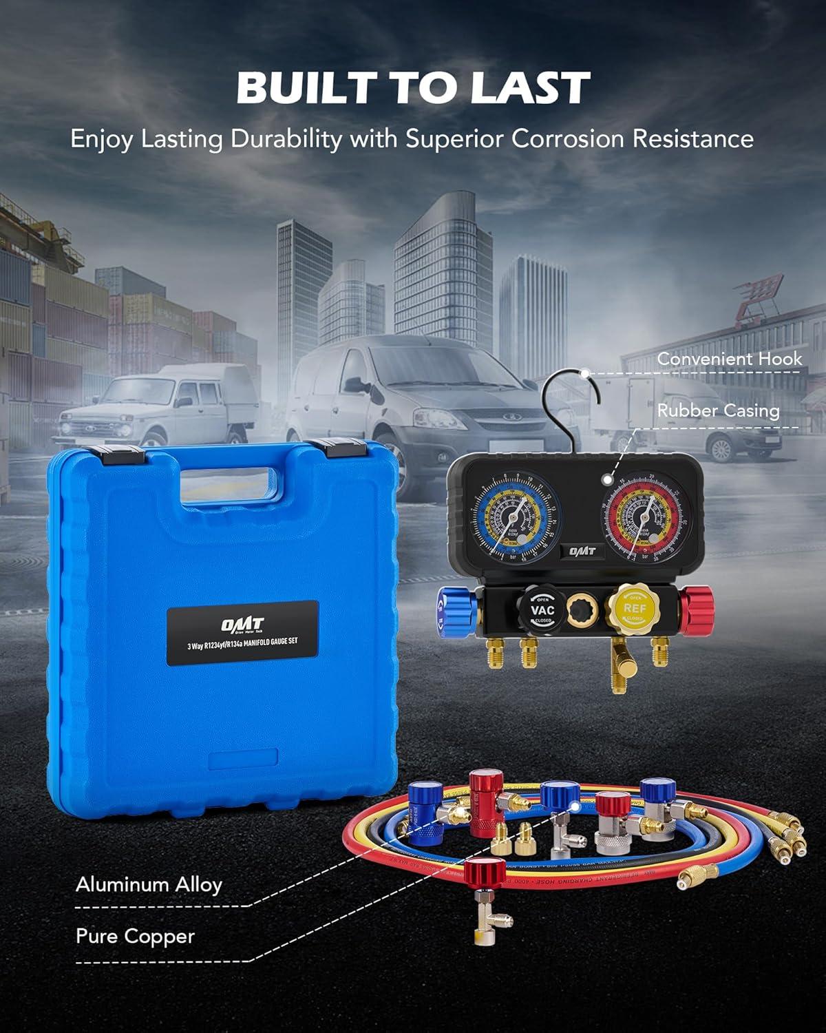 imageOrion Motor Tech AC Gauges 4 Way Manifold Gauge Set for R1234yf R134a R404a Refrigerant Automotive Gauge Set with Hoses Quick Couplers Self Sealing Can Taps for Car Freon Charging ampamp Evacuation
