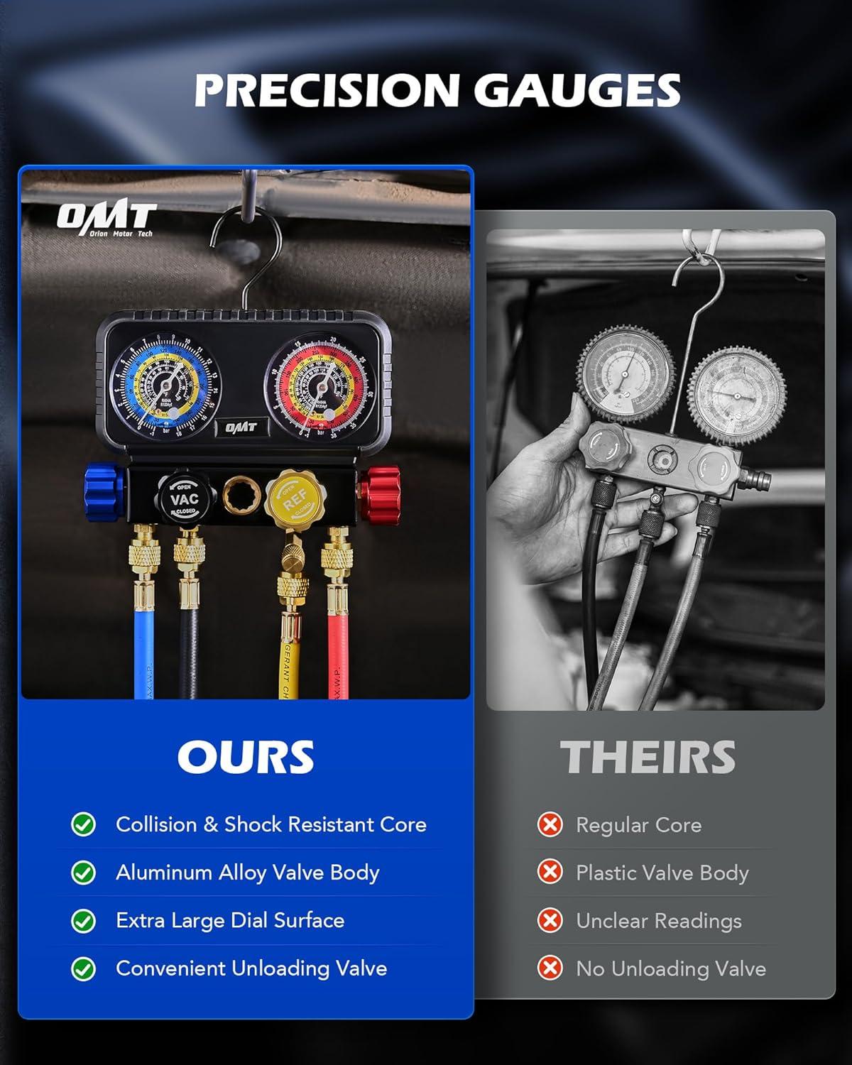 imageOrion Motor Tech AC Gauges 4 Way Manifold Gauge Set for R1234yf R134a R404a Refrigerant Automotive Gauge Set with Hoses Quick Couplers Self Sealing Can Taps for Car Freon Charging ampamp Evacuation