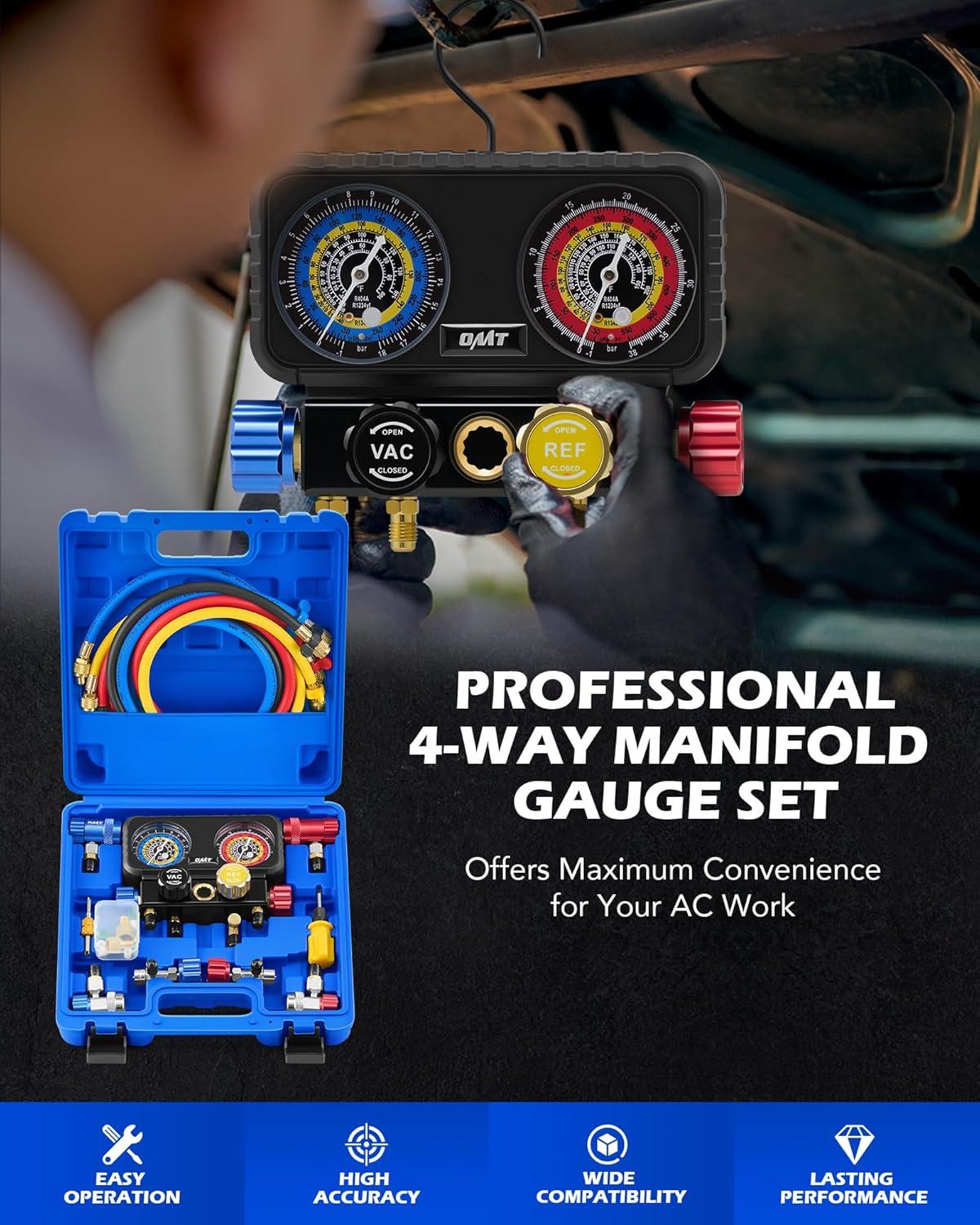imageOrion Motor Tech AC Gauges 4 Way Manifold Gauge Set for R1234yf R134a R404a Refrigerant Automotive Gauge Set with Hoses Quick Couplers Self Sealing Can Taps for Car Freon Charging ampamp Evacuation