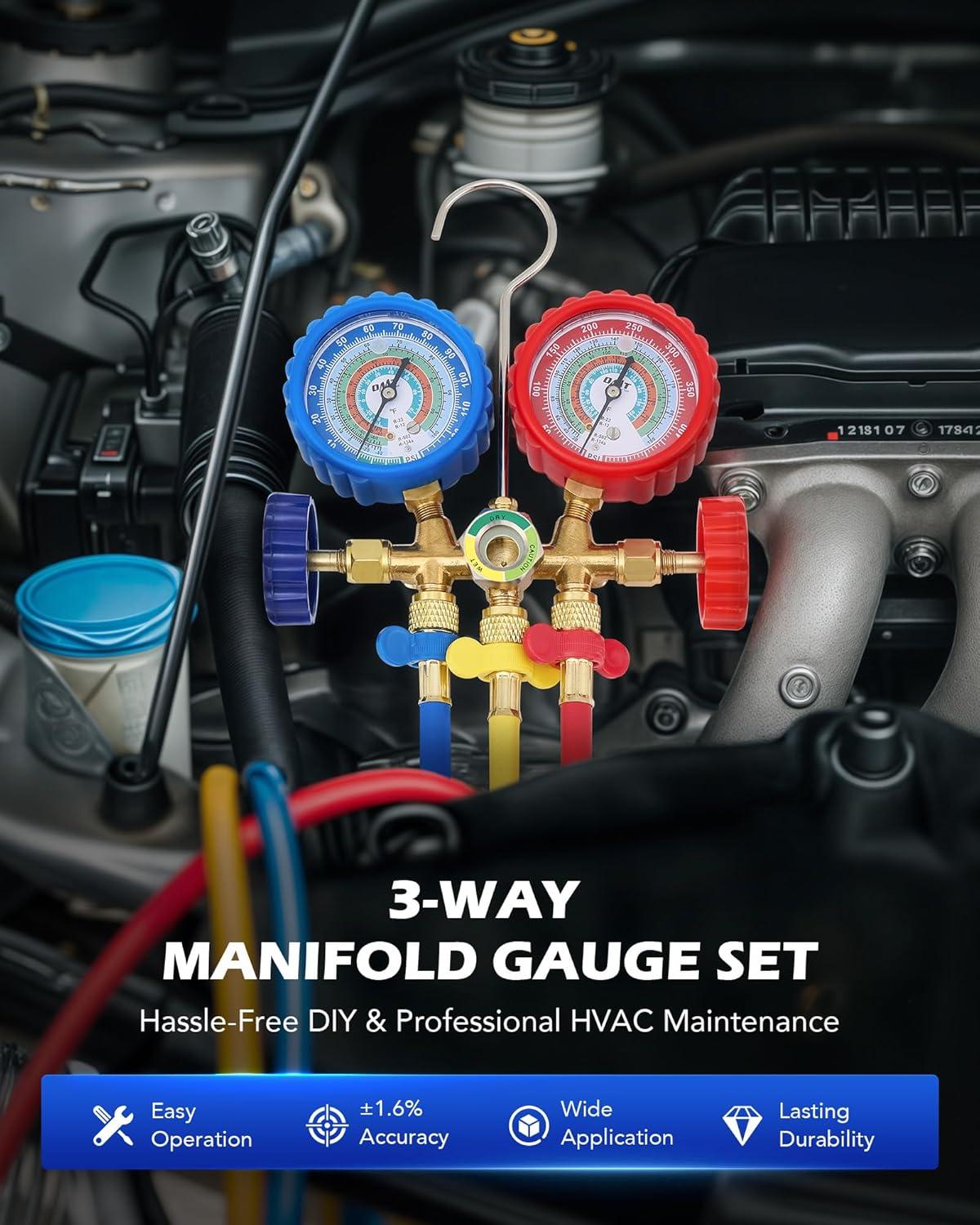 imageOrion Motor Tech AC Gauges AC Manifold Gauge Set for R134a R12 R22 R502 3 Way Automotive AC Gauge Set with Antishock Gauges Hoses Couplers Adapter Puncturing Can Tap Freon Recharge Kit