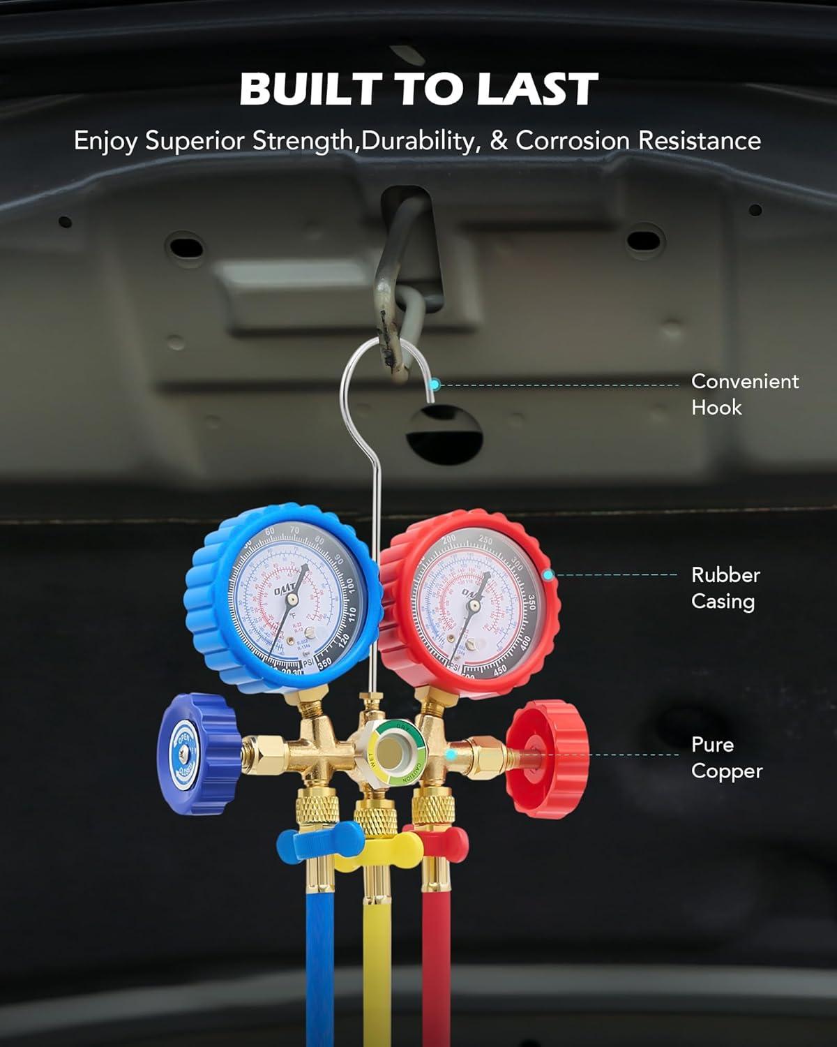 imageOrion Motor Tech AC Gauges AC Manifold Gauge Set for R134a R12 R502 Refrigerant 3 Way Car with 5FT Hoses Couplers ampamp Adapter Puncturing ampamp Self Sealing Can Tap Freon Charge Kit