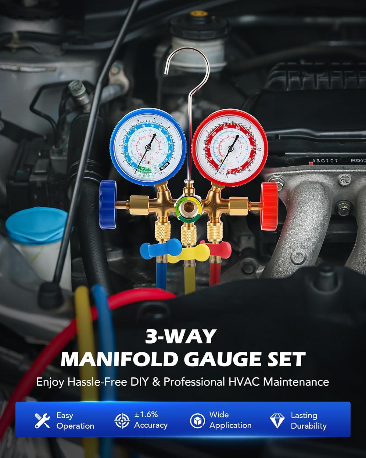 imageOrion Motor Tech AC Gauges Automotive AC Gauge Set for R134a R12 R22 R502 3 Way AC Manifold Gauge Set with 5FT Hoses Couplers ampamp Adapter R134A Can Tap Freon Recharge Kit for HVAC