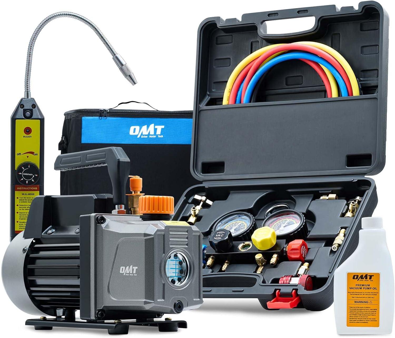 imageOrion Motor Tech AC Vacuum Pump and Gauge Set 13 hp 4 cfm Vacuum Pump Manifold Gauge Kit with Leak Detector 4 Hoses ampamp Accessories for R134a R22 R410a AC Vacuum Pump Kit for Auto HVAC Systems40 CFM4 way