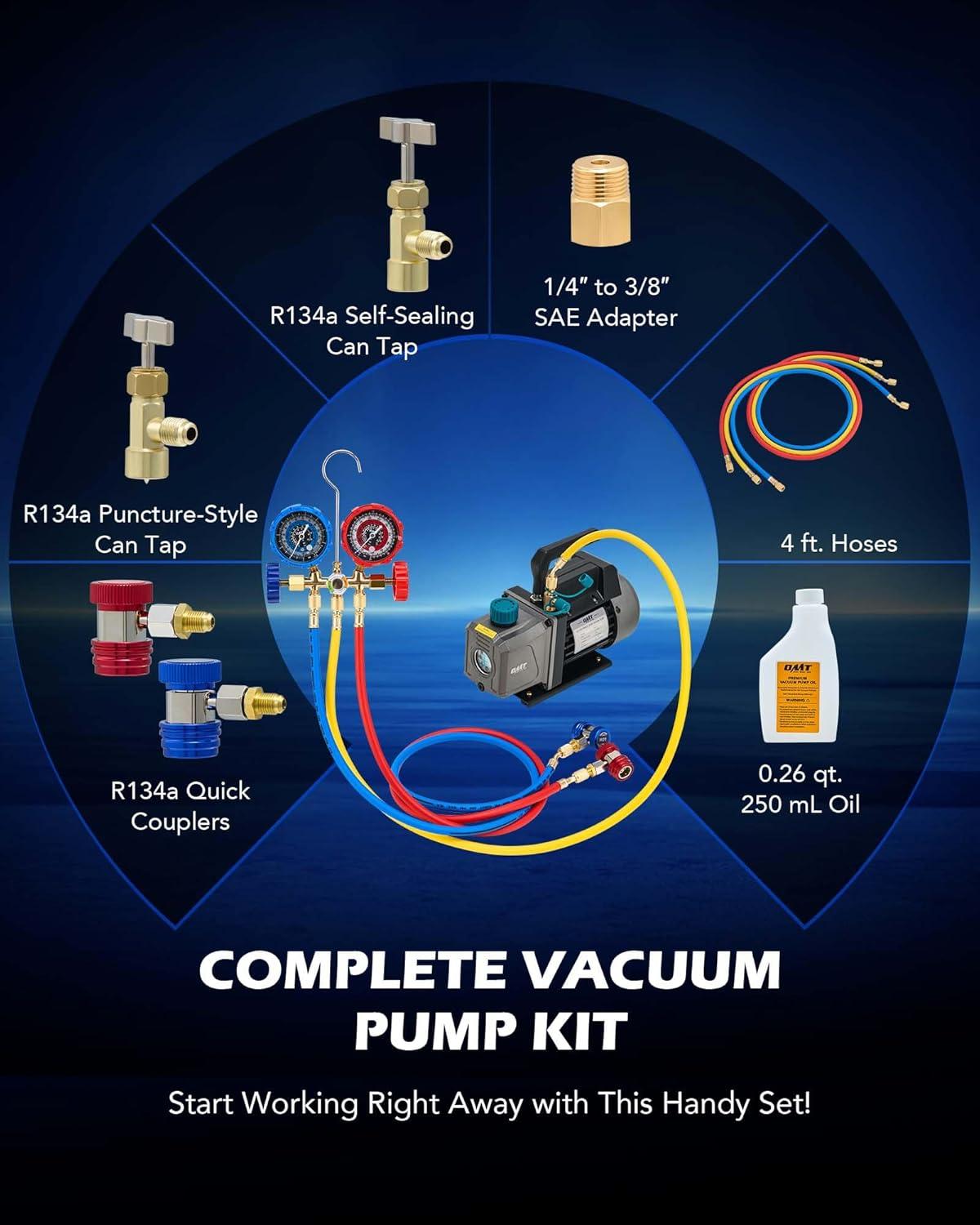 imageOrion Motor Tech AC Vacuum Pump and Gauge Set 13 hp 4 cfm Vacuum Pump Manifold Gauge Kit with Leak Detector 4 Hoses ampamp Accessories for R134a R22 R410a AC Vacuum Pump Kit for Auto HVAC Systems35 CFM3 way