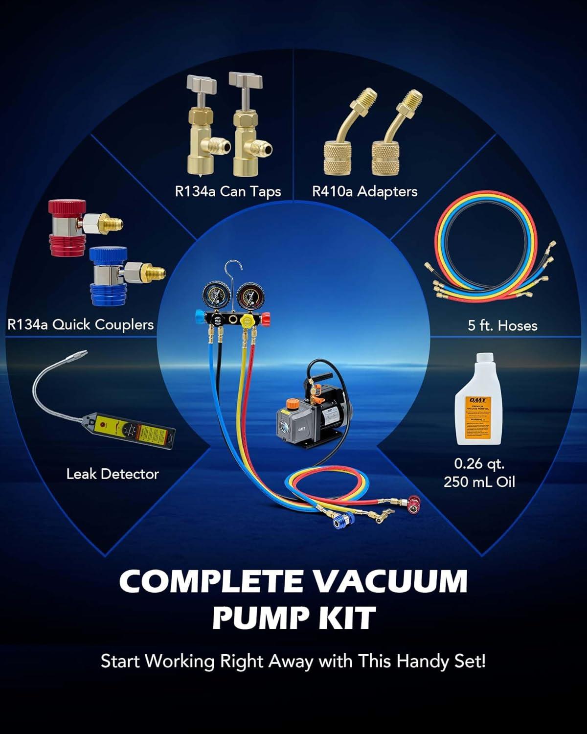imageOrion Motor Tech AC Vacuum Pump and Gauge Set 13 hp 4 cfm Vacuum Pump Manifold Gauge Kit with Leak Detector 4 Hoses ampamp Accessories for R134a R22 R410a AC Vacuum Pump Kit for Auto HVAC Systems40 CFM4 way