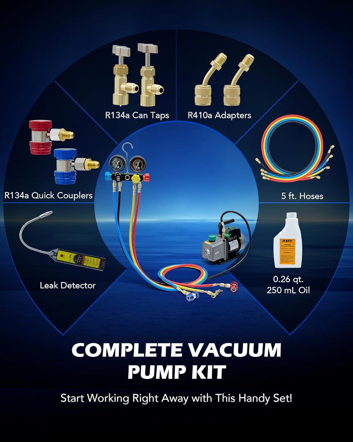 imageOrion Motor Tech AC Vacuum Pump and Gauge Set 13 hp 4 cfm Vacuum Pump Manifold Gauge Kit with Leak Detector 4 Hoses ampamp Accessories for R134a R22 R410a AC Vacuum Pump Kit for Auto HVAC Systems45 CFM4 way