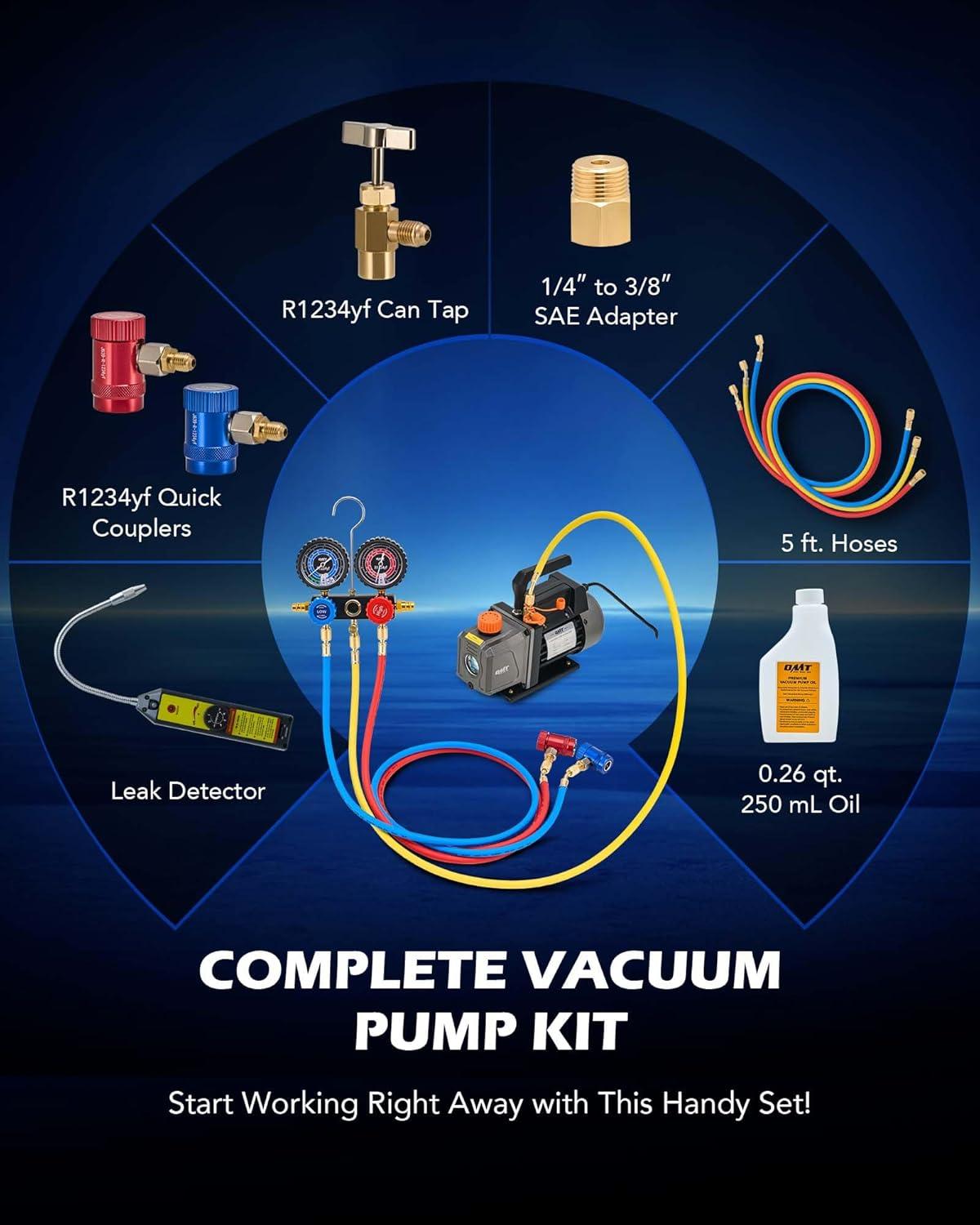 imageOrion Motor Tech AC Vacuum Pump and Gauge Set 13 hp 4 cfm Vacuum Pump Manifold Gauge Kit with Leak Detector 4 Hoses ampamp Accessories for R134a R22 R410a AC Vacuum Pump Kit for Auto HVAC Systems40 CFMR1234yf