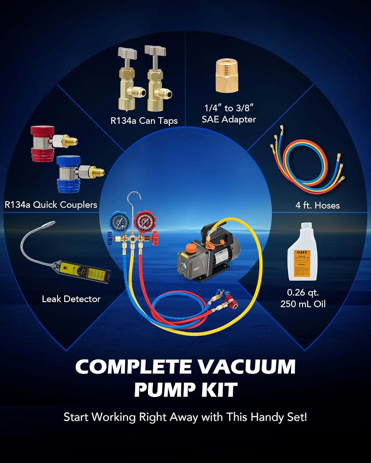 imageOrion Motor Tech AC Vacuum Pump and Gauge Set 13 hp 4 cfm Vacuum Pump Manifold Gauge Kit with Leak Detector 4 Hoses ampamp Accessories for R134a R22 R410a AC Vacuum Pump Kit for Auto HVAC Systems40 CFM  3 Way