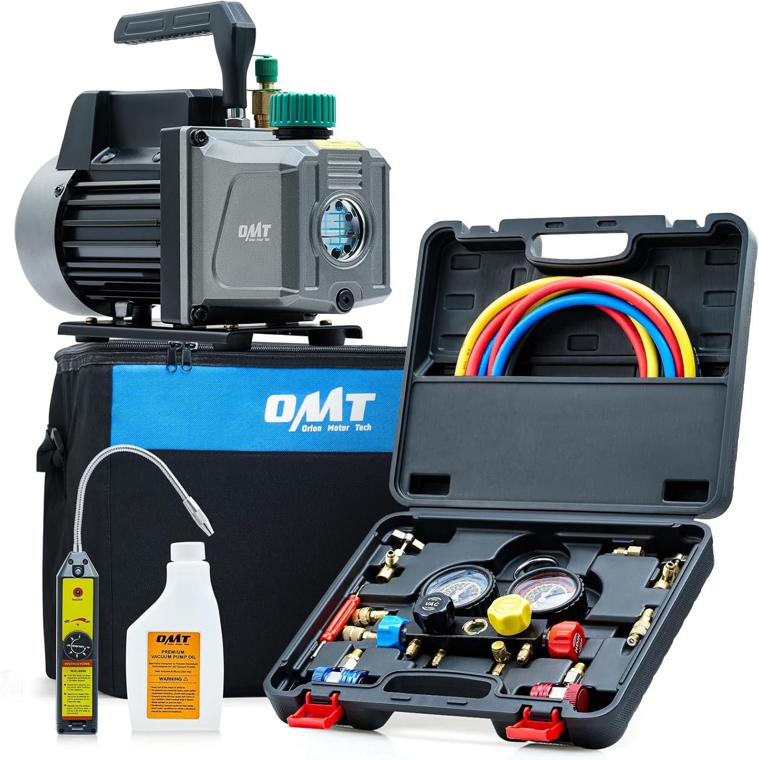 imageOrion Motor Tech AC Vacuum Pump and Gauge Set 13 hp 4 cfm Vacuum Pump Manifold Gauge Kit with Leak Detector 4 Hoses ampamp Accessories for R134a R22 R410a AC Vacuum Pump Kit for Auto HVAC Systems45 CFM4 way