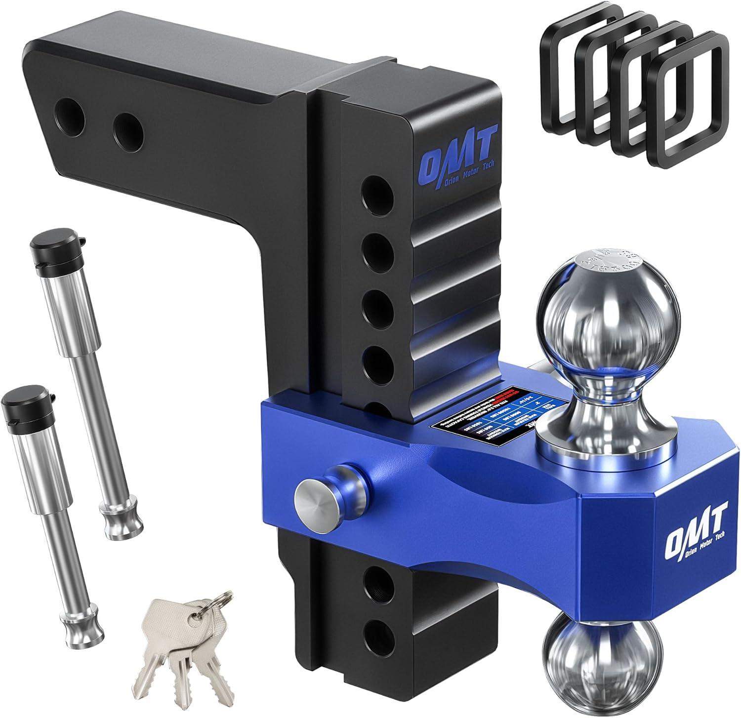 imageOrion Motor Tech Adjustable Trailer Hitch Fits 2 in Receiver 6 in Drop ampamp Rise Hitch 12500 LBS GTW Class 3 4 Hitch Heavy Duty Aluminum Drop Hitch for Truck with Three AntiTheft Locking Hitch PinsBlackBlue