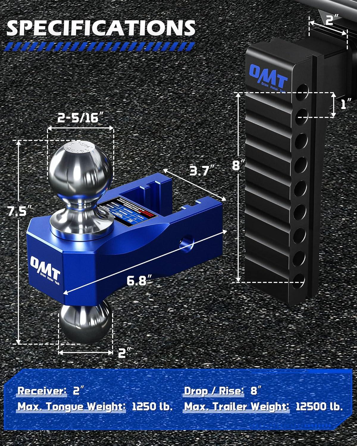 imageOrion Motor Tech Adjustable Trailer Hitch Fits 2 in Receiver 6 in Drop ampamp Rise Hitch 12500 LBS GTW Class 3 4 Hitch Heavy Duty Aluminum Drop Hitch for Truck with Three AntiTheft Locking Hitch PinsBlackBlue