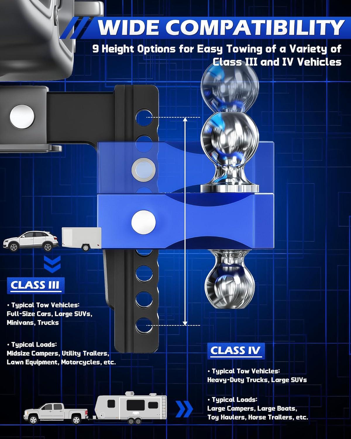 imageOrion Motor Tech Adjustable Trailer Hitch Fits 2 in Receiver 6 in Drop ampamp Rise Hitch 12500 LBS GTW Class 3 4 Hitch Heavy Duty Aluminum Drop Hitch for Truck with Three AntiTheft Locking Hitch PinsBlackBlue