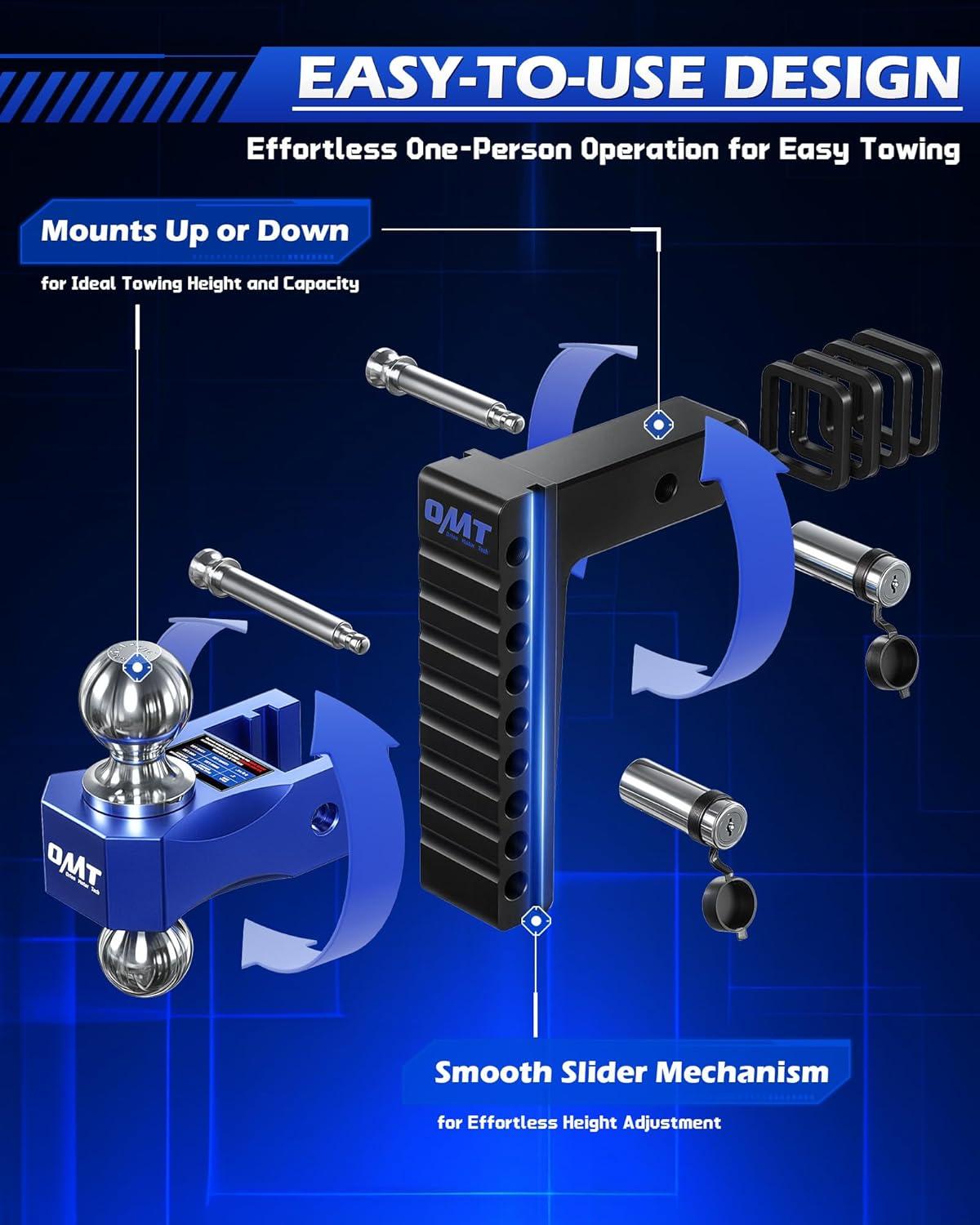 imageOrion Motor Tech Adjustable Trailer Hitch Fits 2 in Receiver 6 in Drop ampamp Rise Hitch 12500 LBS GTW Class 3 4 Hitch Heavy Duty Aluminum Drop Hitch for Truck with Three AntiTheft Locking Hitch PinsBlackBlue