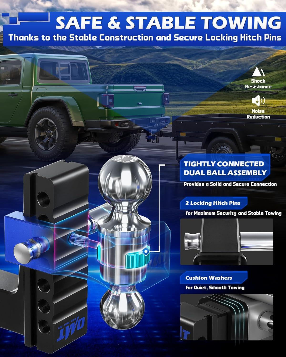 imageOrion Motor Tech Adjustable Trailer Hitch Fits 2 in Receiver 6 in Drop ampamp Rise Hitch 12500 LBS GTW Class 3 4 Hitch Heavy Duty Aluminum Drop Hitch for Truck with Three AntiTheft Locking Hitch PinsBlackBlue
