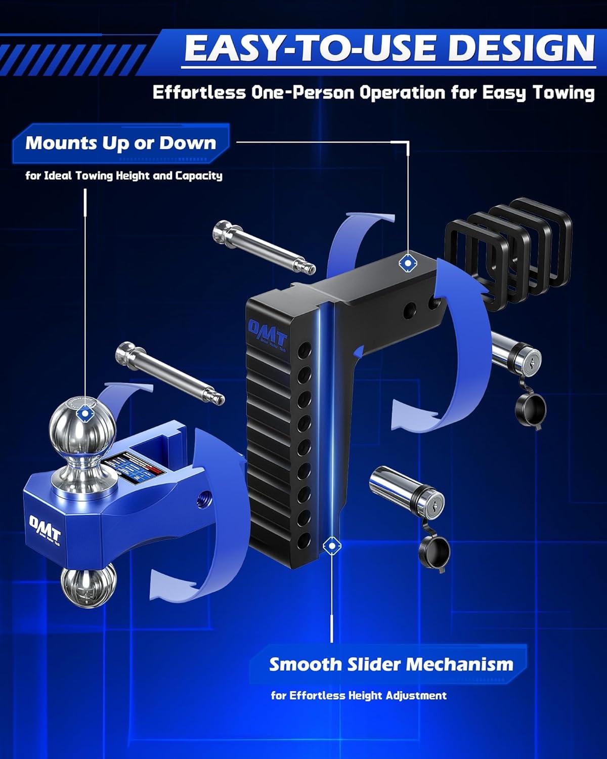 imageOrion Motor Tech Adjustable Trailer Hitch Fits 2 in Receiver 6 in Drop ampamp Rise Hitch 12500 LBS GTW Class 3 4 Hitch Heavy Duty Aluminum Drop Hitch for Truck with Three AntiTheft Locking Hitch PinsBlackBlue