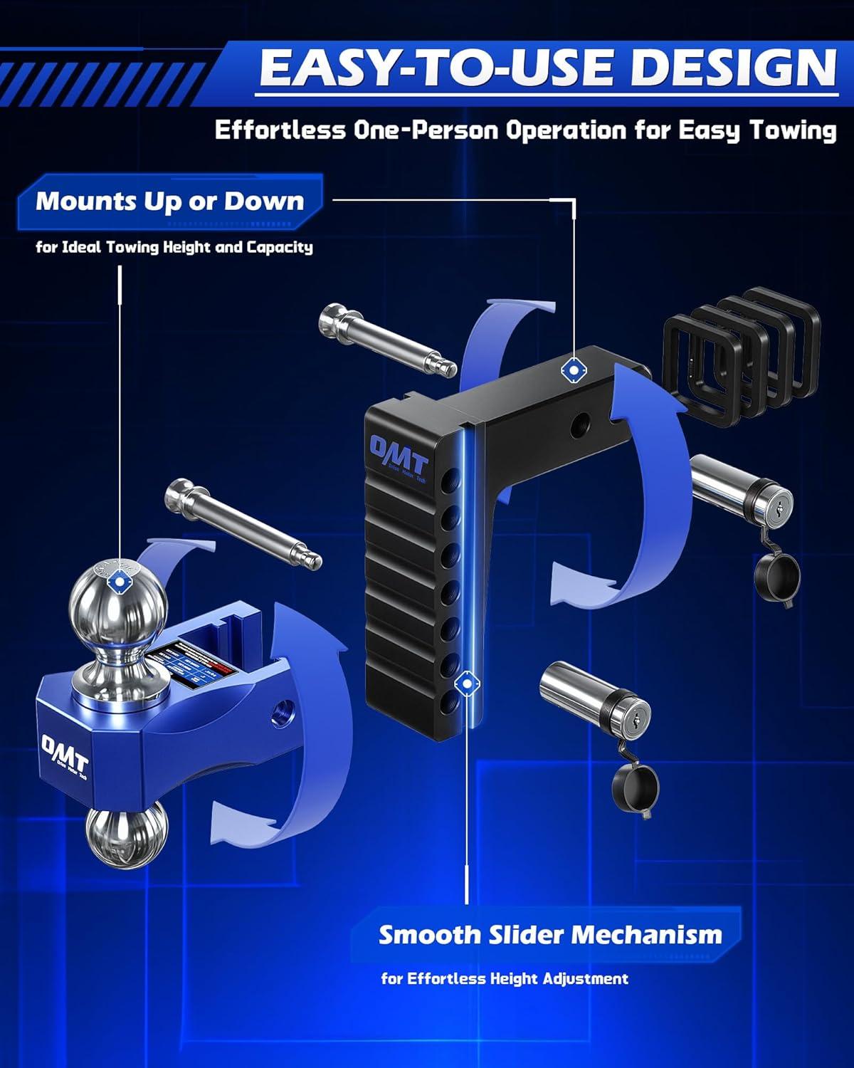 imageOrion Motor Tech Adjustable Trailer Hitch Fits 2 in Receiver 6 in Drop ampamp Rise Hitch 12500 LBS GTW Class 3 4 Hitch Heavy Duty Aluminum Drop Hitch for Truck with Three AntiTheft Locking Hitch PinsBlackBlue