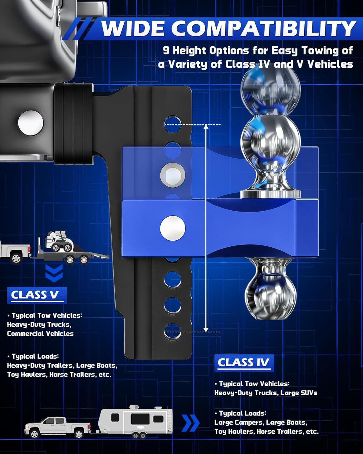 imageOrion Motor Tech Adjustable Trailer Hitch Fits 2 in Receiver 6 in Drop ampamp Rise Hitch 12500 LBS GTW Class 3 4 Hitch Heavy Duty Aluminum Drop Hitch for Truck with Three AntiTheft Locking Hitch PinsBlackBlue