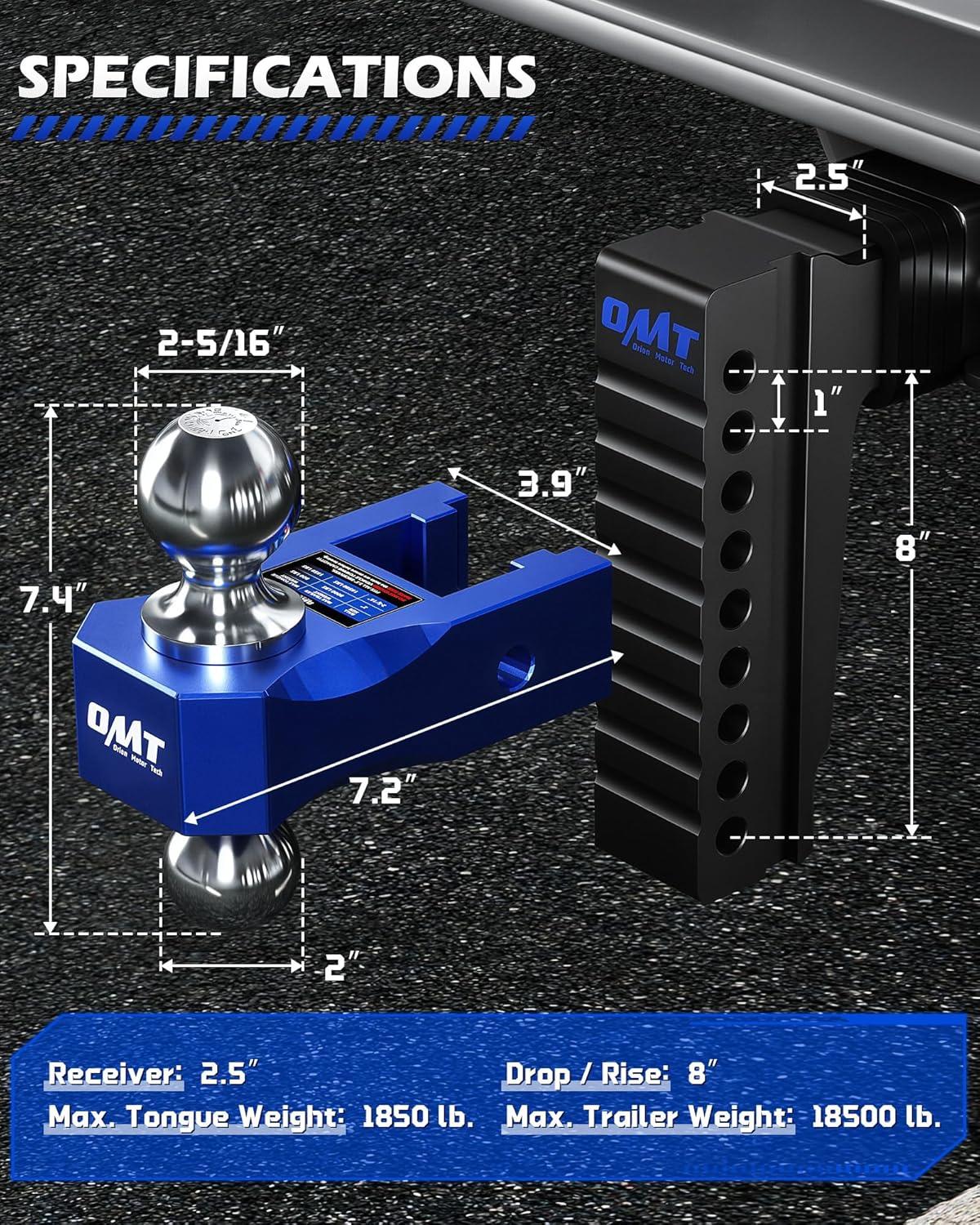 imageOrion Motor Tech Adjustable Trailer Hitch Fits 2 in Receiver 6 in Drop ampamp Rise Hitch 12500 LBS GTW Class 3 4 Hitch Heavy Duty Aluminum Drop Hitch for Truck with Three AntiTheft Locking Hitch PinsBlackBlue