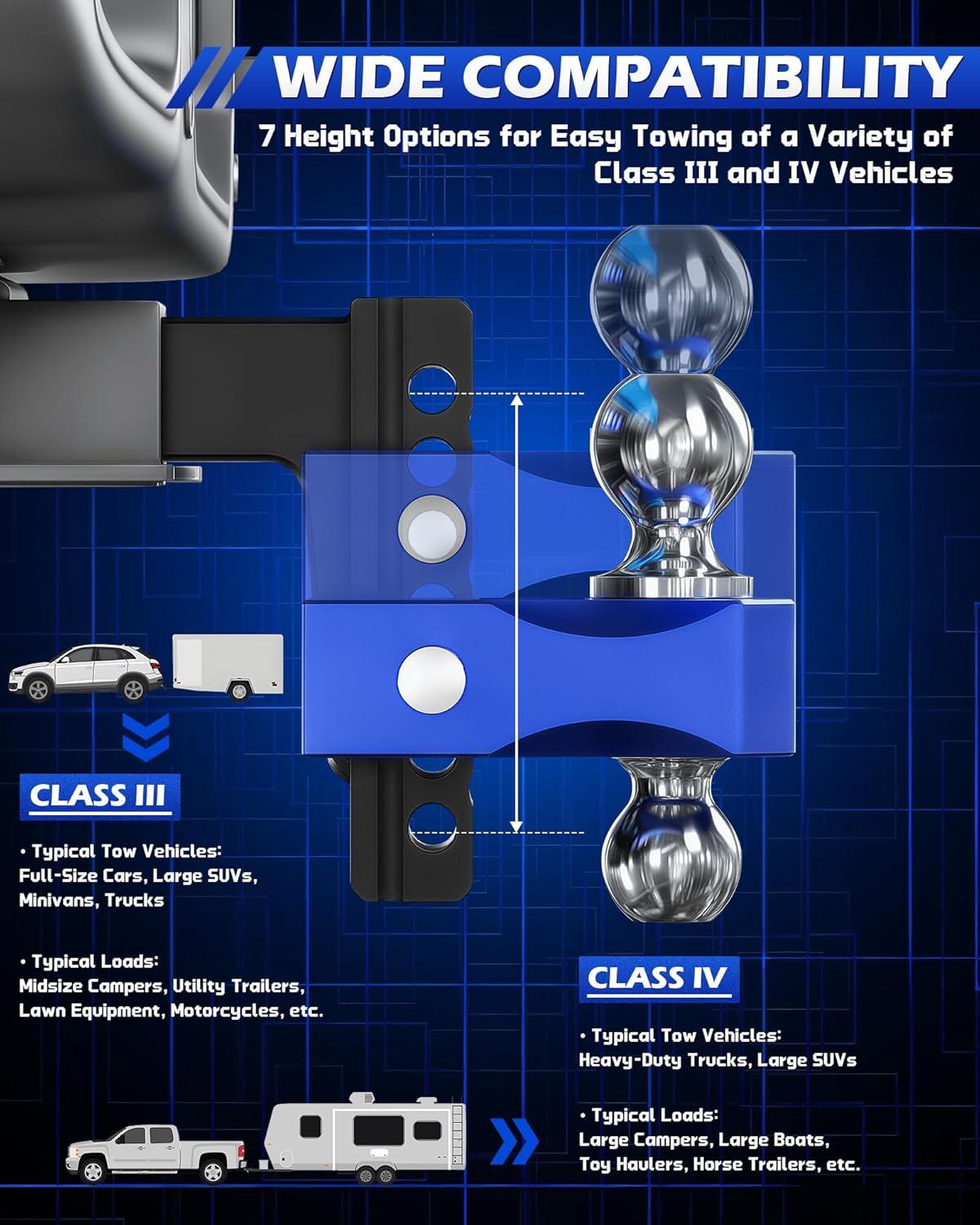 imageOrion Motor Tech Adjustable Trailer Hitch Fits 2 in Receiver 6 in Drop ampamp Rise Hitch 12500 LBS GTW Class 3 4 Hitch Heavy Duty Aluminum Drop Hitch for Truck with Three AntiTheft Locking Hitch PinsBlackBlue