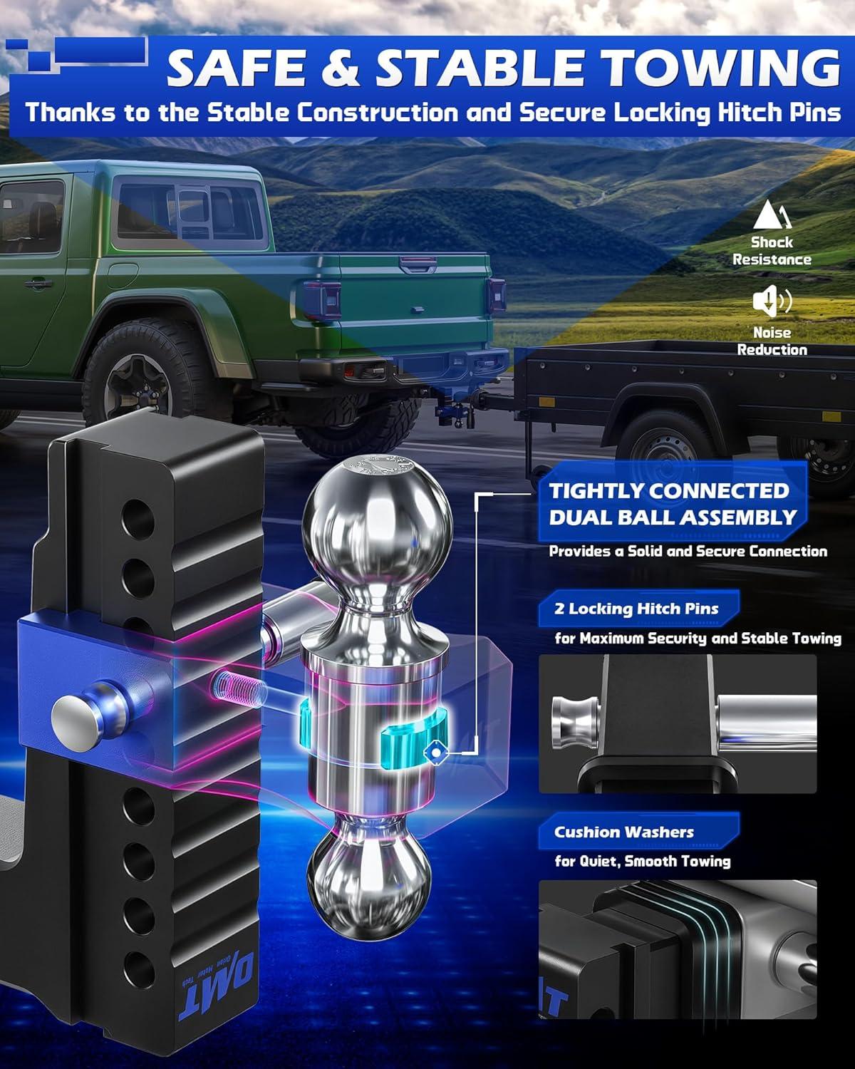 imageOrion Motor Tech Adjustable Trailer Hitch Fits 2 in Receiver 6 in Drop ampamp Rise Hitch 12500 LBS GTW Class 3 4 Hitch Heavy Duty Aluminum Drop Hitch for Truck with Three AntiTheft Locking Hitch PinsBlackBlue