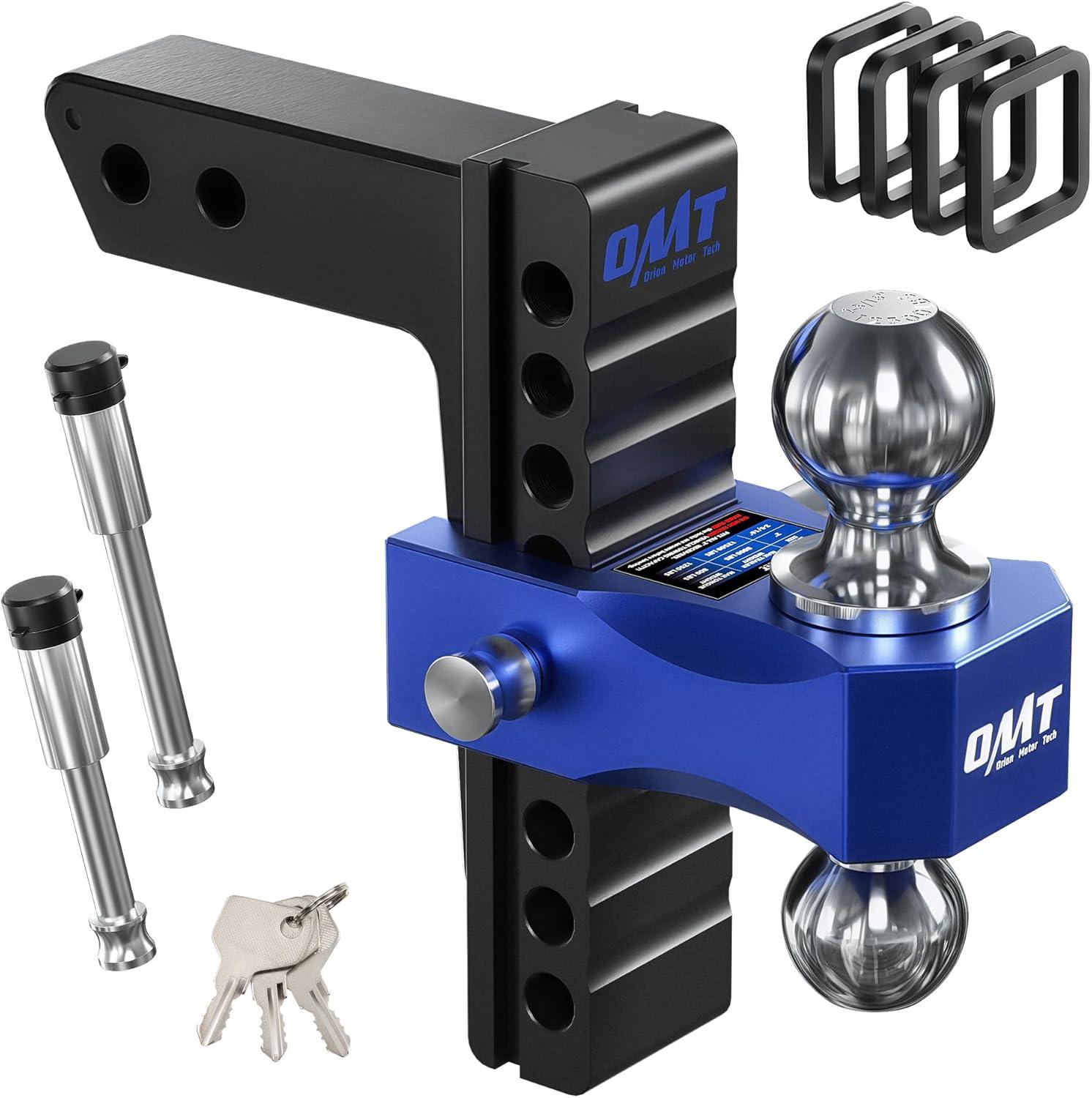 imageOrion Motor Tech Adjustable Trailer Hitch Fits 2 in Receiver 6 in Drop ampamp Rise Hitch 12500 LBS GTW Class 3 4 Hitch Heavy Duty Aluminum Drop Hitch for Truck with Three AntiTheft Locking Hitch PinsBlackBlue