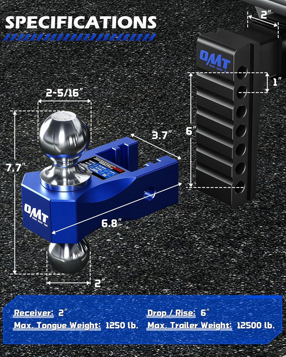 imageOrion Motor Tech Adjustable Trailer Hitch Fits 2 in Receiver 6 in Drop ampamp Rise Hitch 12500 LBS GTW Class 3 4 Hitch Heavy Duty Aluminum Drop Hitch for Truck with Three AntiTheft Locking Hitch PinsBlackBlue