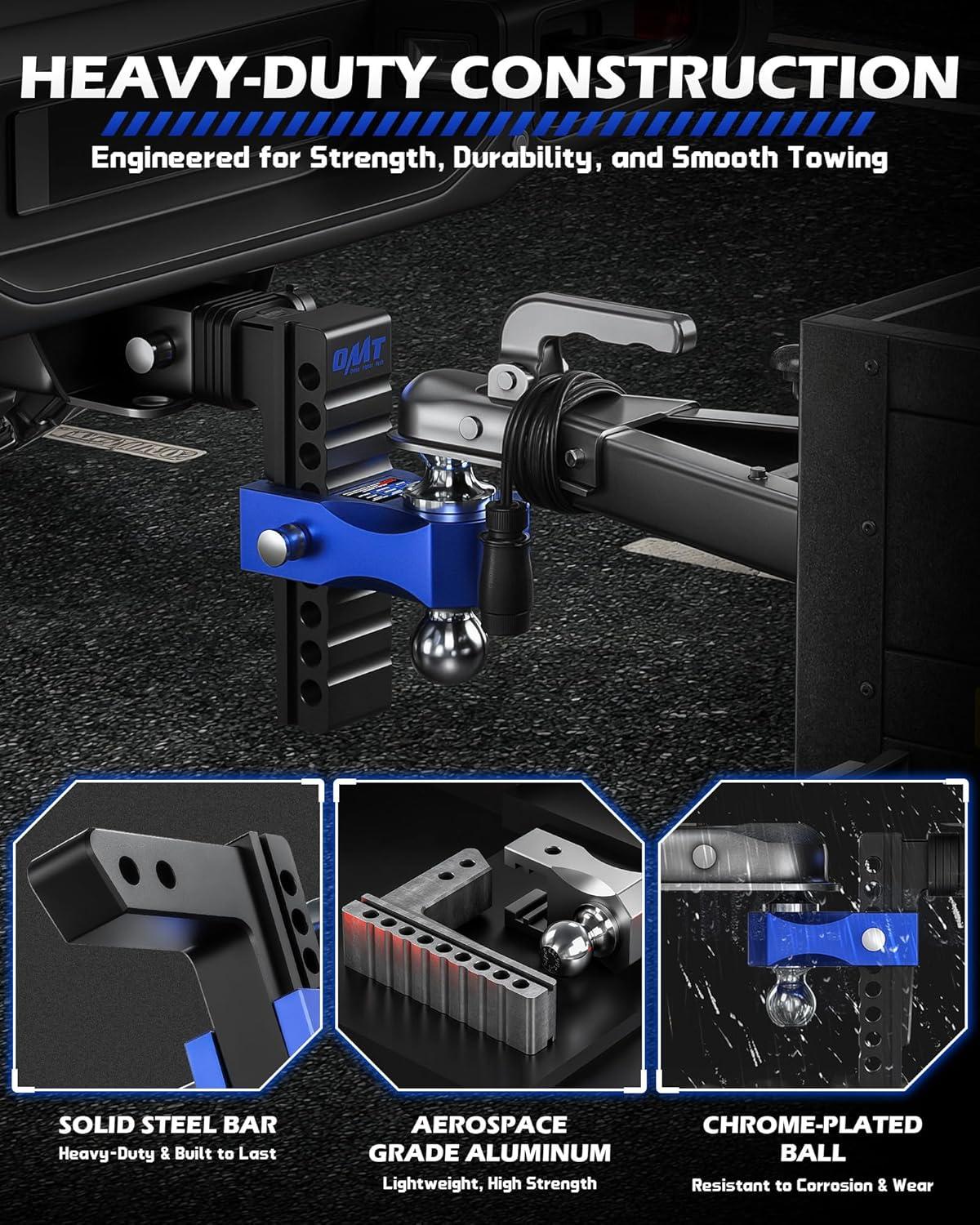 imageOrion Motor Tech Adjustable Trailer Hitch Fits 2 in Receiver 6 in Drop ampamp Rise Hitch 12500 LBS GTW Class 3 4 Hitch Heavy Duty Aluminum Drop Hitch for Truck with Three AntiTheft Locking Hitch PinsBlackBlue