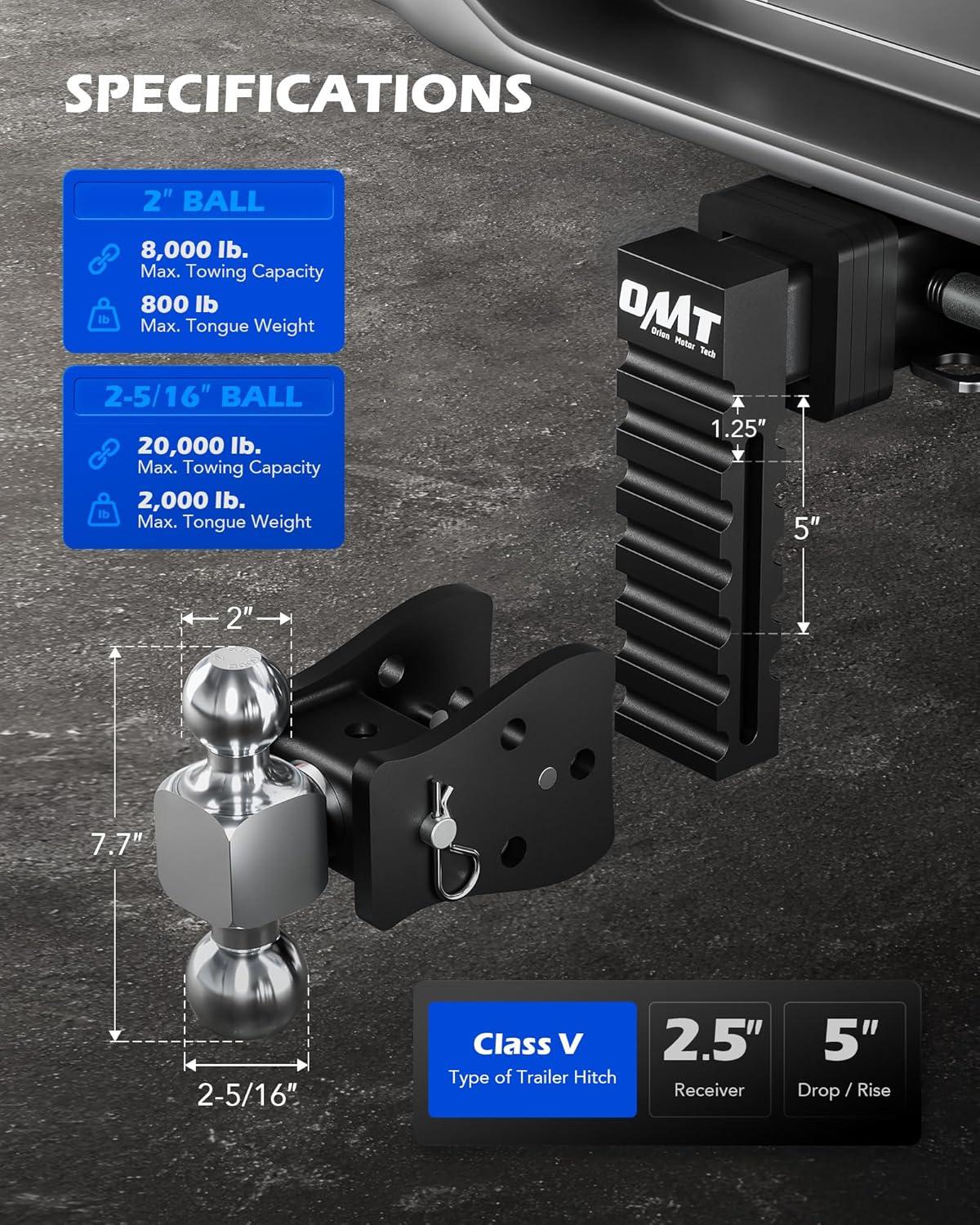 imageOrion Motor Tech Adjustable Trailer Hitch Fits 2quot Receiver 5quot Drop Hitch with 2quot ampamp 2516quot Balls AntiTheft Steel Tow Hitch Stowable Ball Mount with 15000 lb GTW for Class III ampamp IV Vehicles25 Shank  5 Drop