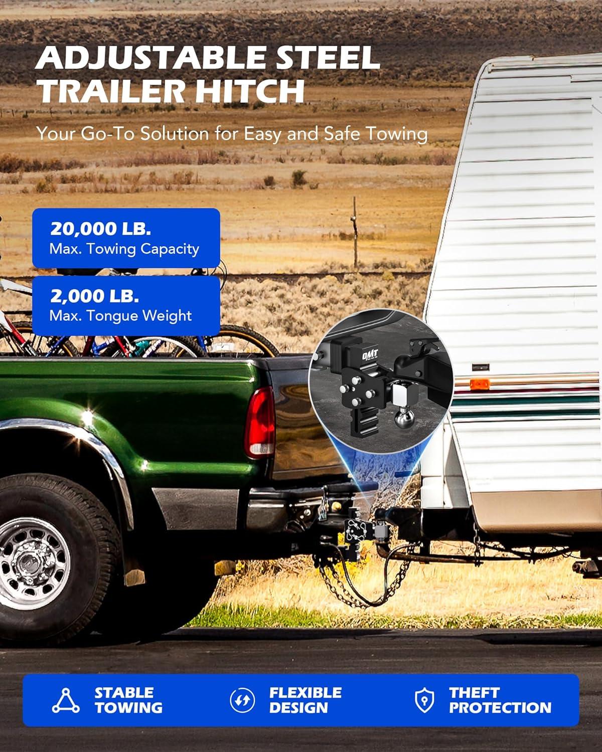 imageOrion Motor Tech Adjustable Trailer Hitch Fits 2quot Receiver 5quot Drop Hitch with 2quot ampamp 2516quot Balls AntiTheft Steel Tow Hitch Stowable Ball Mount with 15000 lb GTW for Class III ampamp IV Vehicles25 Shank  5 Drop