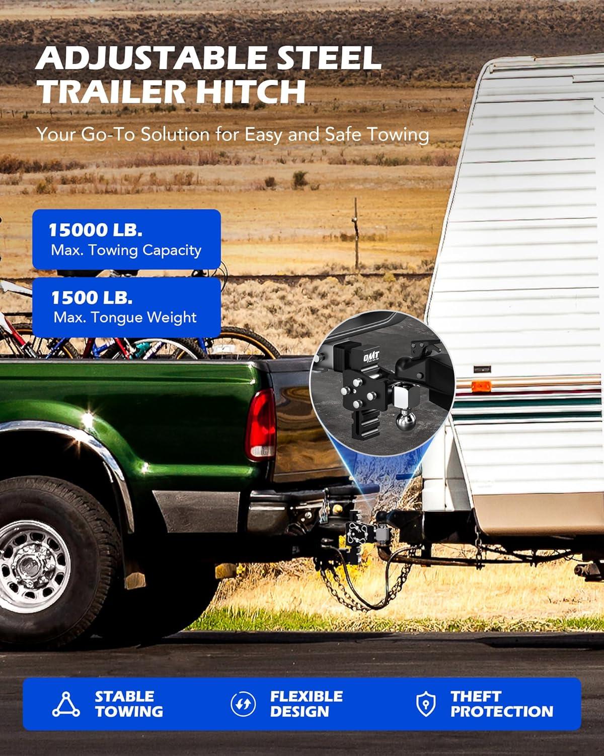 imageOrion Motor Tech Adjustable Trailer Hitch Fits 2quot Receiver 5quot Drop Hitch with 2quot ampamp 2516quot Balls AntiTheft Steel Tow Hitch Stowable Ball Mount with 15000 lb GTW for Class III ampamp IV Vehicles2 Shank  5 Drop