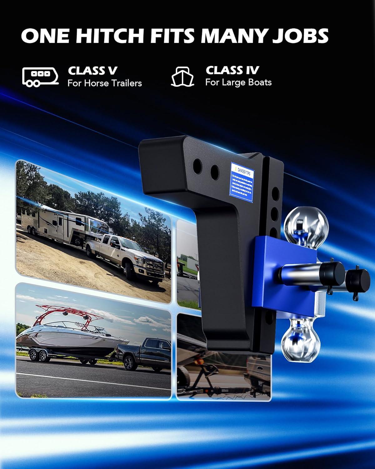 imageOrion Motor Tech Adjustable Trailer Hitch Heavy Duty 25 inch Receiver Hitch 6quot Drop Hitch with 2quot ampamp 2516quot Balls 360 DualBall Mount with 18500lb Towing Capacity for Class IV ampamp V Blue
