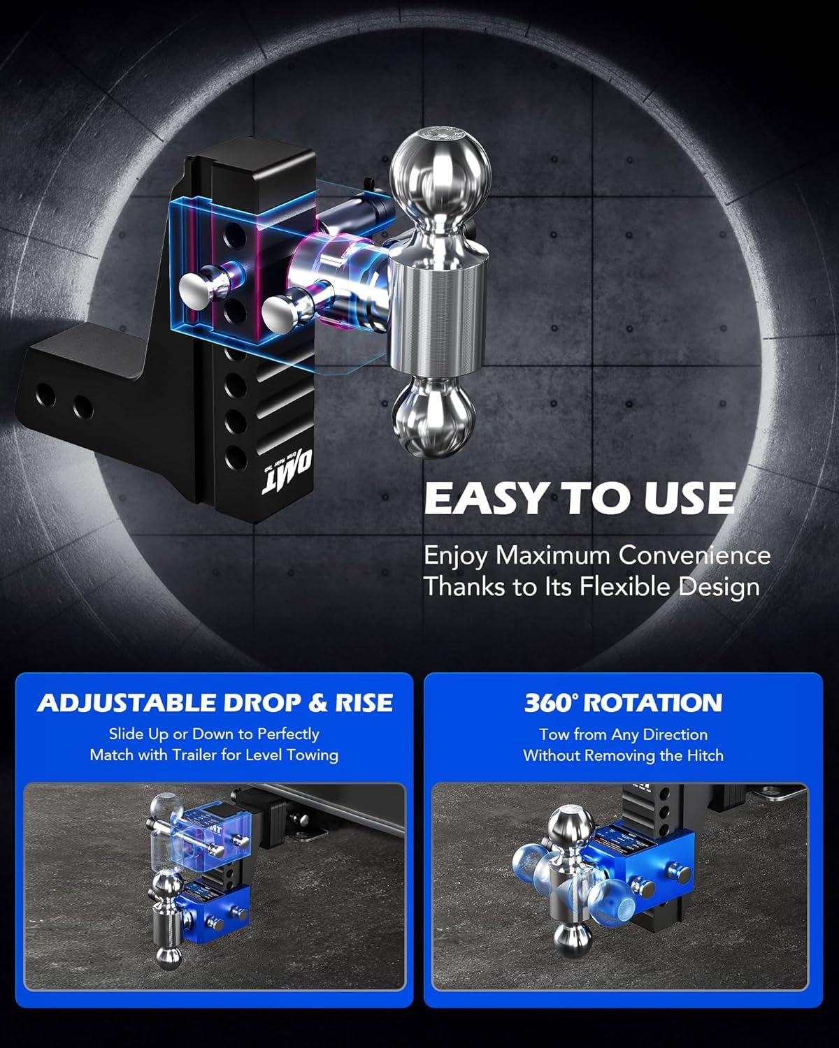 imageOrion Motor Tech Adjustable Trailer Hitch Heavy Duty 25 inch Receiver Hitch 6quot Drop Hitch with 2quot ampamp 2516quot Balls 360 DualBall Mount with 18500lb Towing Capacity for Class IV ampamp V Blue