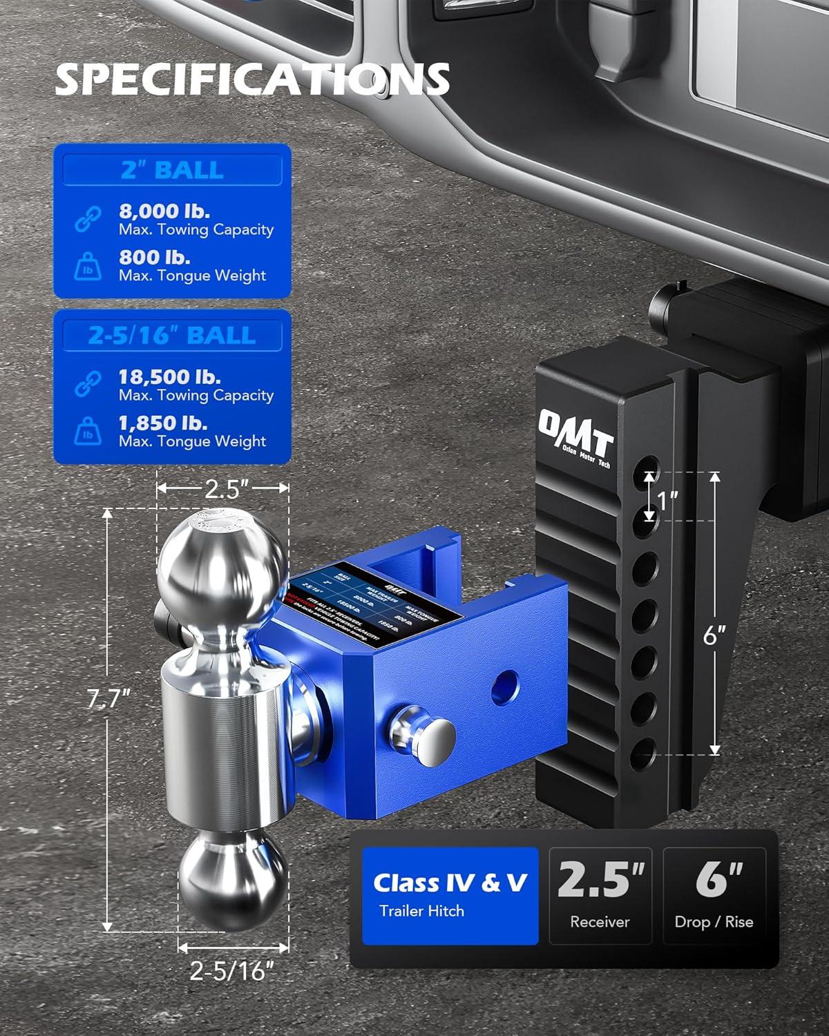 imageOrion Motor Tech Adjustable Trailer Hitch Heavy Duty 25 inch Receiver Hitch 6quot Drop Hitch with 2quot ampamp 2516quot Balls 360 DualBall Mount with 18500lb Towing Capacity for Class IV ampamp V Blue