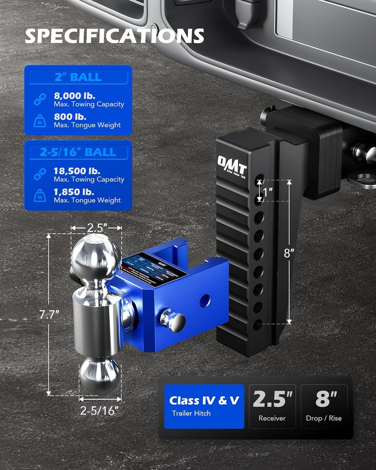 imageOrion Motor Tech Adjustable Trailer Hitch Heavy Duty 25 inch Receiver Hitch 8quot Drop Hitch with 2quot ampamp 2516quot Balls 360 DualBall Mount with 18500lb Towing Capacity for Class IV ampamp V Vehicles