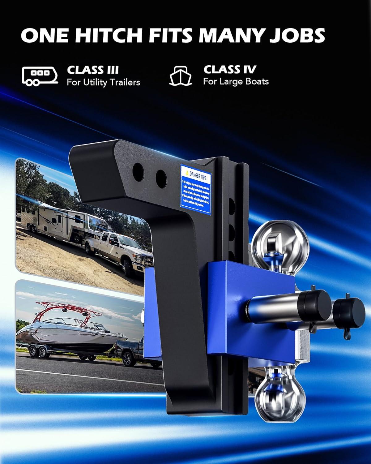 imageOrion Motor Tech Adjustable Trailer Hitch Heavy Duty Drop Hitch 2 inch Receiver 6quot Drop ampamp Rise Hitch with 2quot ampamp 2516quot Balls 360 DualBall Mount with 12500 lb Towing Capacity for Class III ampamp IV