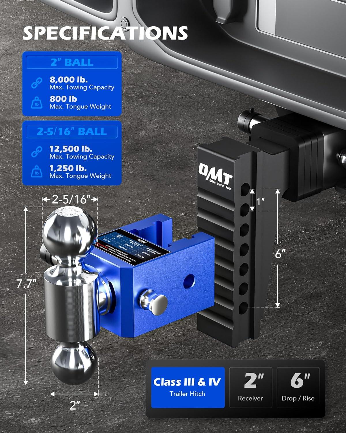 imageOrion Motor Tech Adjustable Trailer Hitch Heavy Duty Drop Hitch 2 inch Receiver 6quot Drop ampamp Rise Hitch with 2quot ampamp 2516quot Balls 360 DualBall Mount with 12500 lb Towing Capacity for Class III ampamp IV