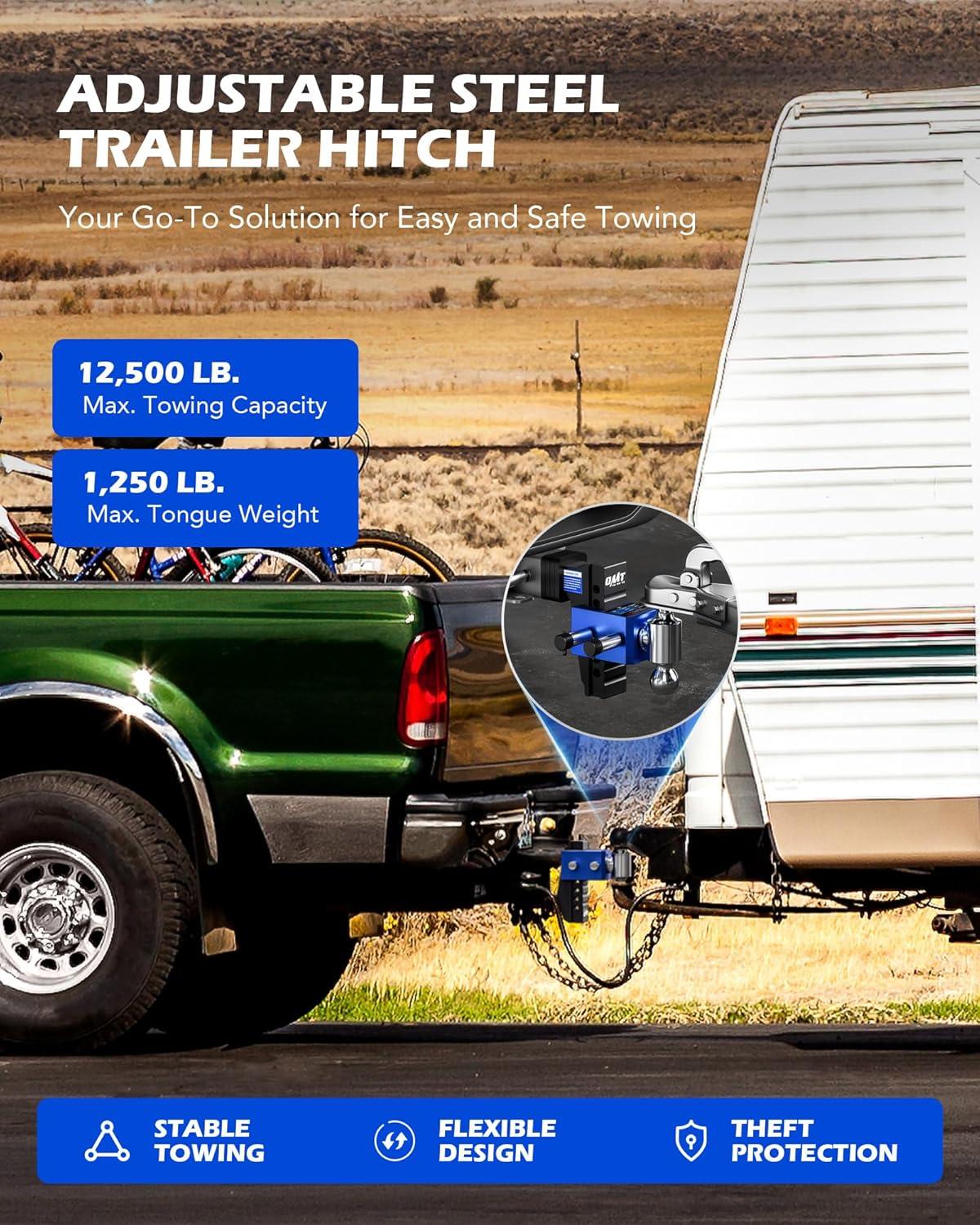 imageOrion Motor Tech Adjustable Trailer Hitch Heavy Duty Drop Hitch 2 inch Receiver 6quot Drop ampamp Rise Hitch with 2quot ampamp 2516quot Balls 360 DualBall Mount with 12500 lb Towing Capacity for Class III ampamp IV