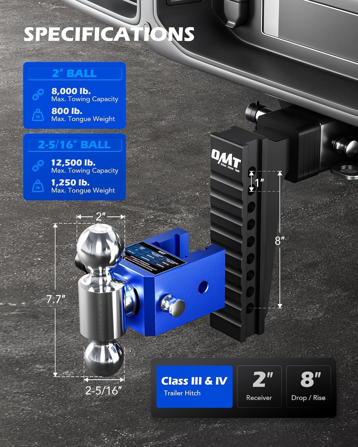 imageOrion Motor Tech Adjustable Trailer Hitch Heavy Duty Drop Hitch 2 inch Receiver 8quot Drop ampamp Rise Hitch with 2quot ampamp 2516quot Balls 360 DualBall Mount with 12500 lb Towing Capacity for Class III ampamp IV