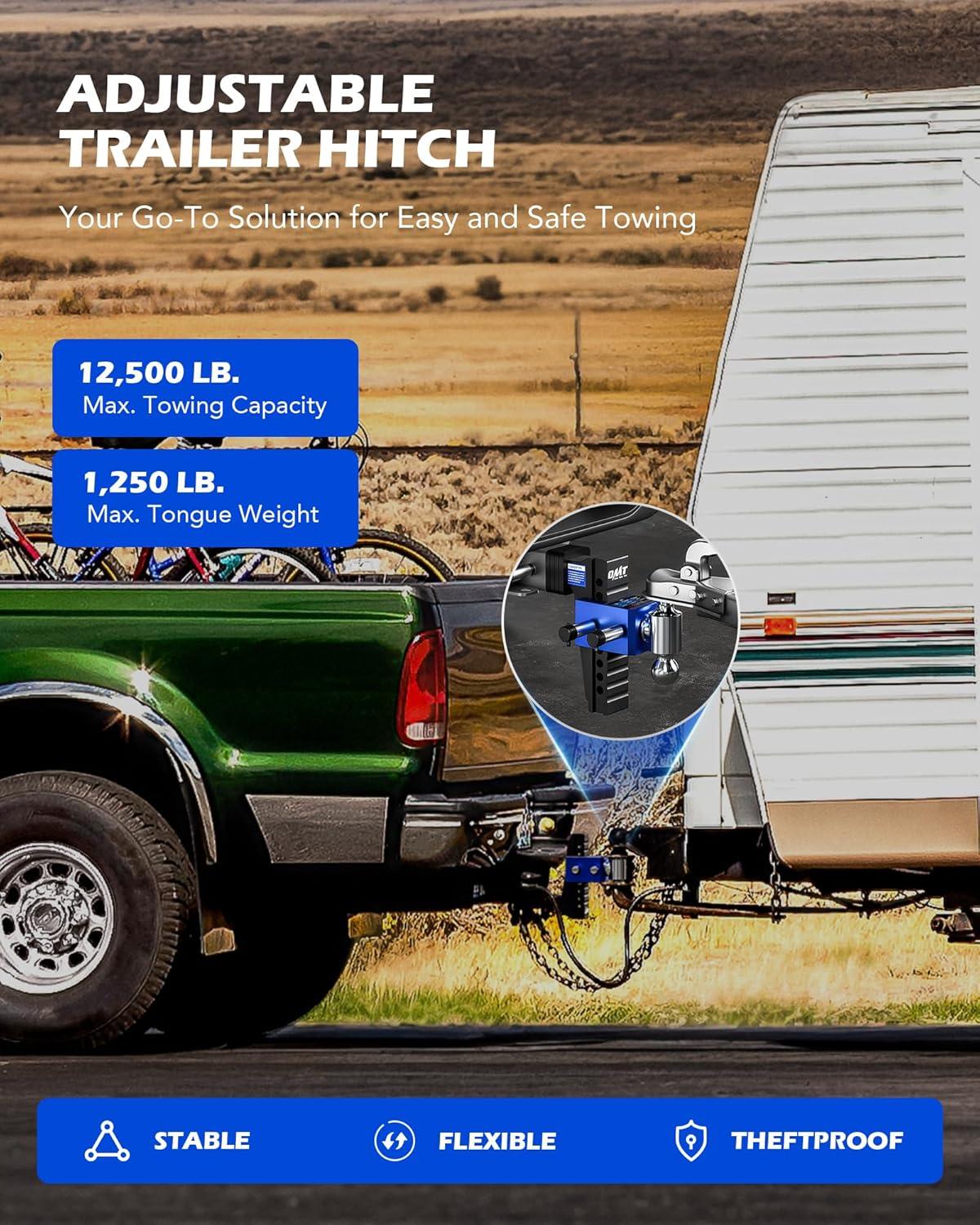 imageOrion Motor Tech Adjustable Trailer Hitch Heavy Duty Drop Hitch 2 inch Receiver 8quot Drop ampamp Rise Hitch with 2quot ampamp 2516quot Balls 360 DualBall Mount with 12500 lb Towing Capacity for Class III ampamp IV