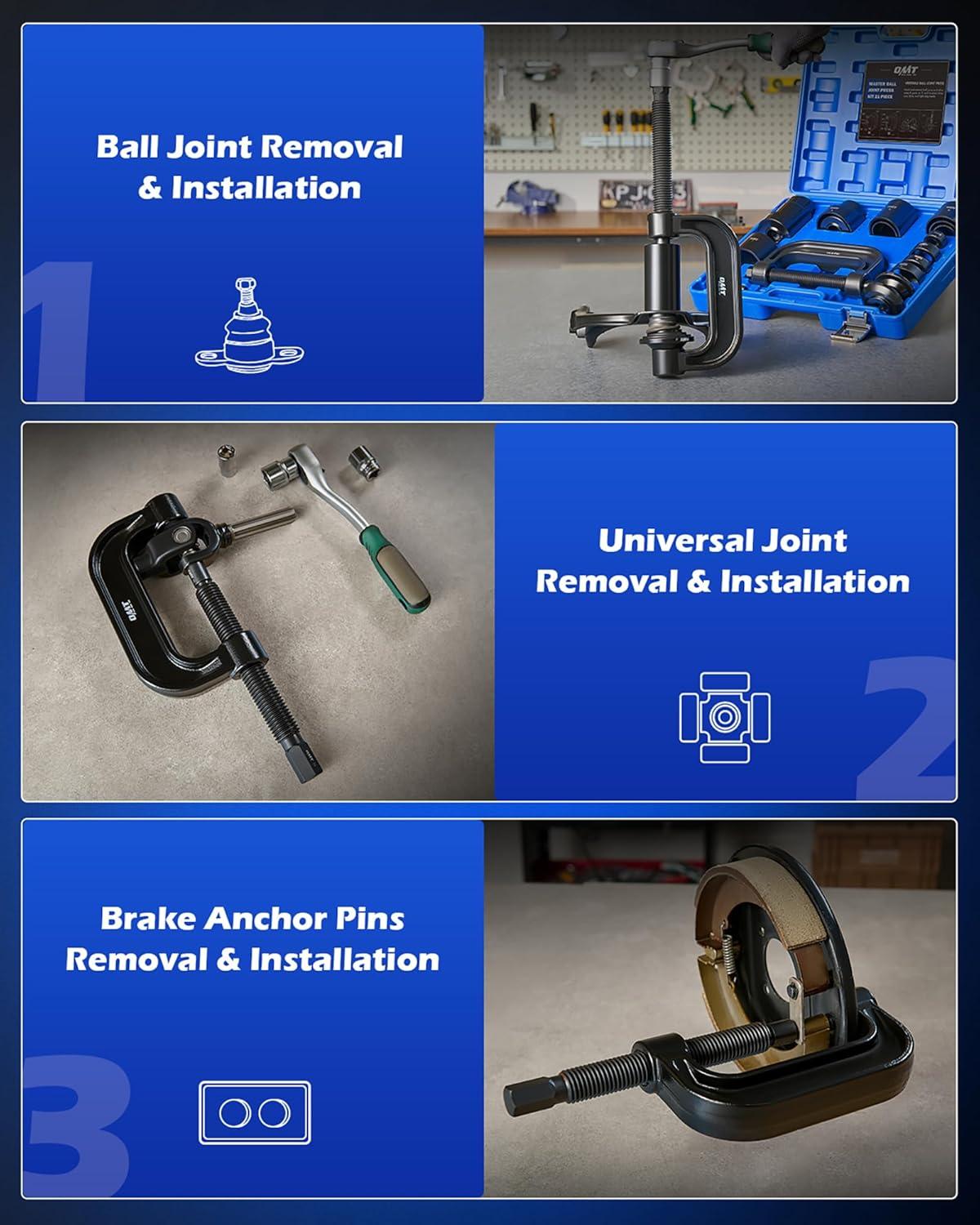 imageOrion Motor Tech Ball Joint Press Kit 21Piece Master Ball Joint Removal Tool with CFrame HeavyDuty Brake Anchor Pin U Joint Ball Joint Press Tool for 2WD and 4WD Carsblack Cframe