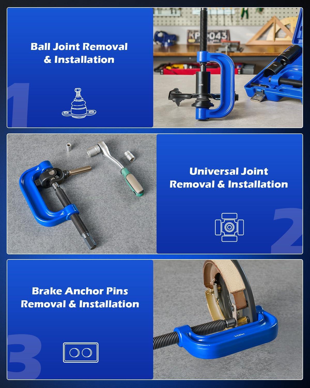 imageOrion Motor Tech Ball Joint Press Kit 21Piece Master Ball Joint Removal Tool with CFrame HeavyDuty Brake Anchor Pin U Joint Ball Joint Press Tool for 2WD and 4WD Carsblue Cframe