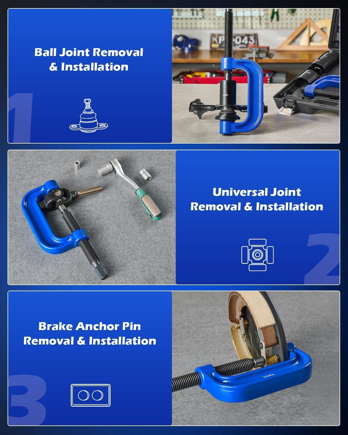 imageOrion Motor Tech Ball Joint Press Kit 21pc Master Ball Joint Removal Tool Upper and Lower Ball Joint Remover with C Frame Heavy Duty Brake Anchor Pin U Joint Ball Joint Press Tool for 2WD 4WD Cars