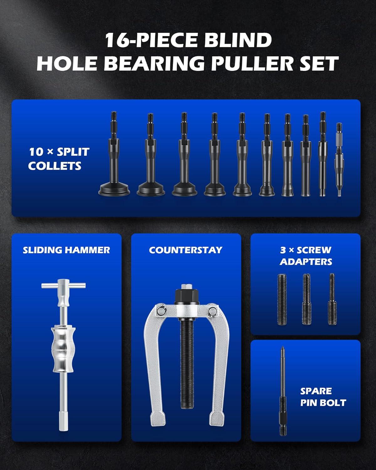 imageOrion Motor Tech Blind Hole Collet Bearing Race and Seal Puller Extractor Kit Slide Hammer Pilot Insert Inner Internal Bearing Removal Tool Set 16PCSblue