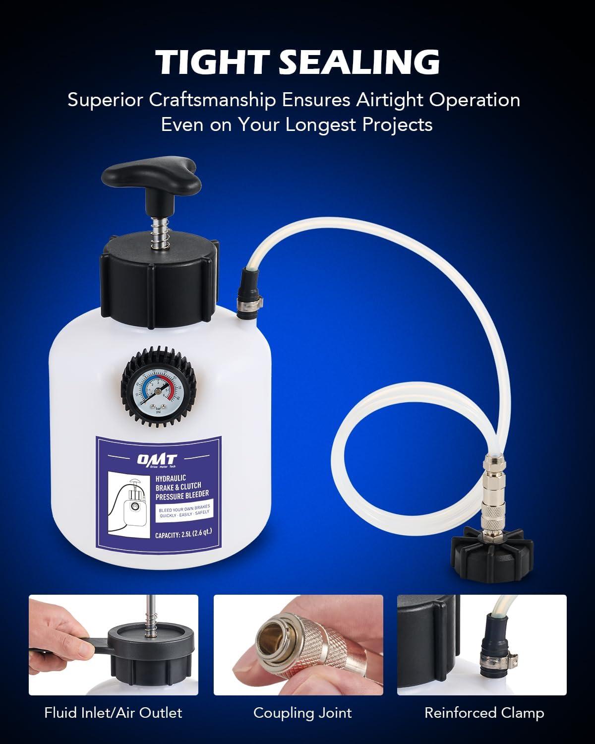 imageOrion Motor Tech Brake Bleeder Kit One Person 25L Brake Fluid Extractor Compatible with Ford VW BMW More Brake Pressure Bleeder with 26qt Bottle Vacuum Gauge Hose Cap Wrench ampamp European AdapterBlue
