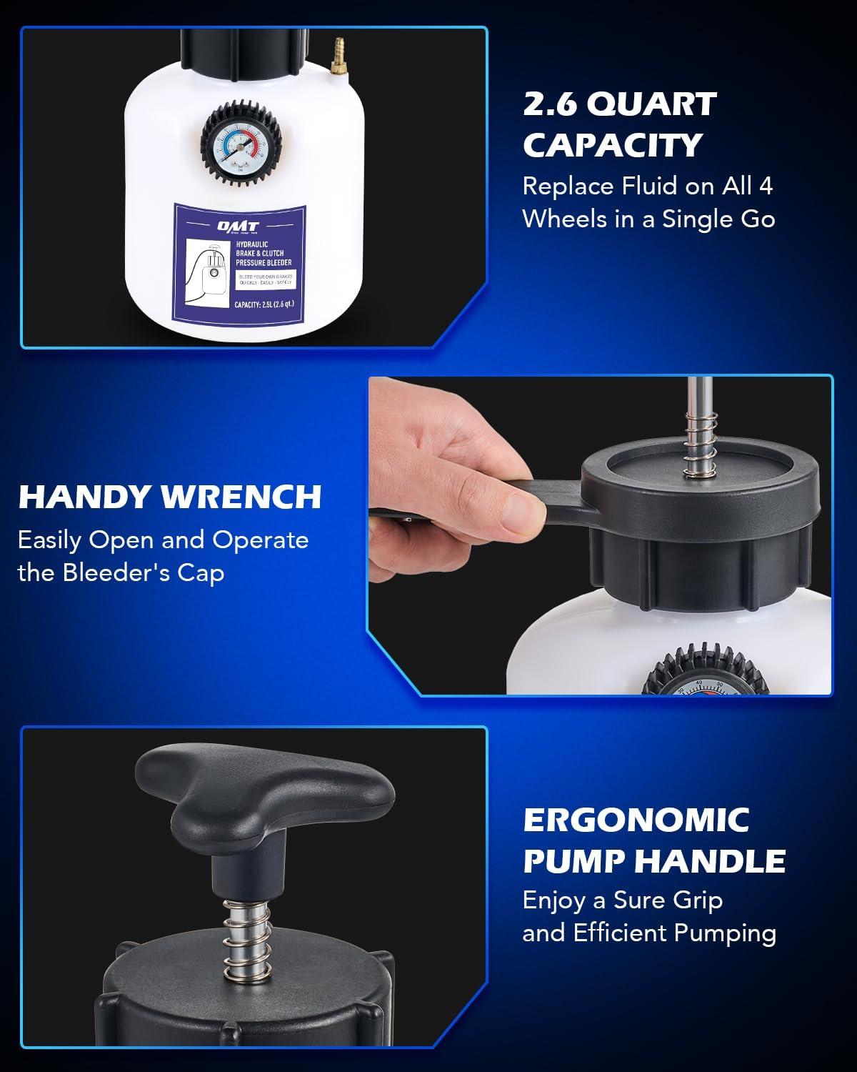 imageOrion Motor Tech Brake Bleeder Kit One Person 25L Brake Fluid Extractor Compatible with Ford VW BMW More Brake Pressure Bleeder with 26qt Bottle Vacuum Gauge Hose Cap Wrench ampamp European AdapterBlue