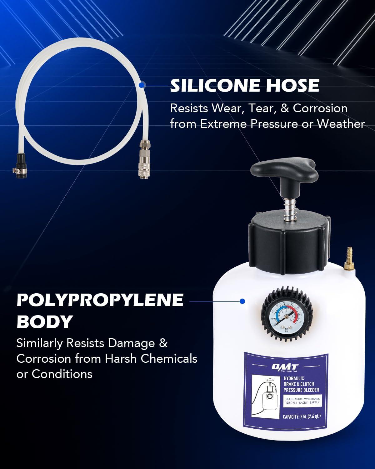 imageOrion Motor Tech Brake Bleeder Kit One Person 25L Brake Fluid Extractor Compatible with Ford VW BMW More Brake Pressure Bleeder with 26qt Bottle Vacuum Gauge Hose Cap Wrench ampamp European AdapterBlue