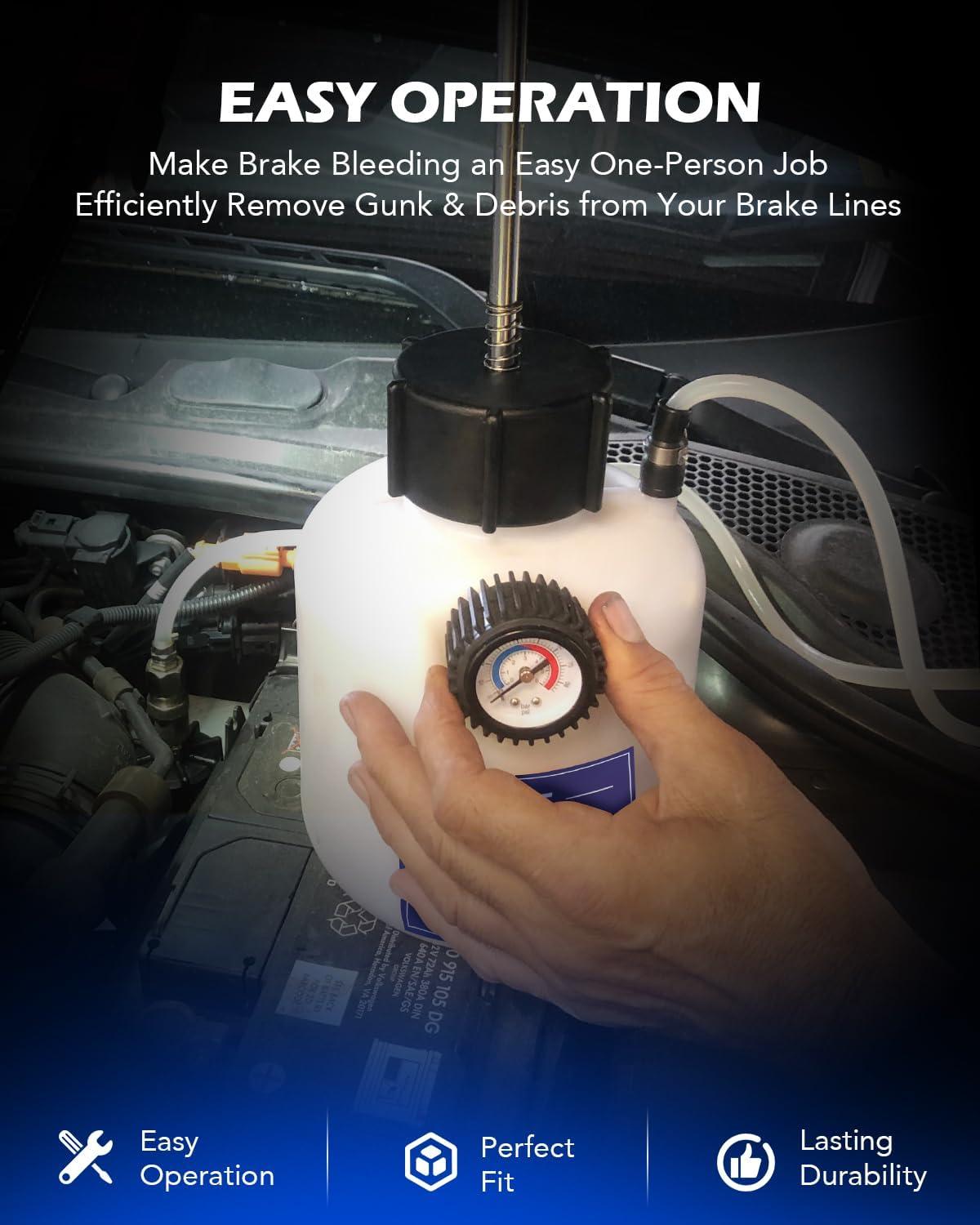 imageOrion Motor Tech Brake Bleeder Kit One Person 25L Brake Fluid Extractor Compatible with Ford VW BMW More Brake Pressure Bleeder with 26qt Bottle Vacuum Gauge Hose Cap Wrench ampamp European AdapterBlue