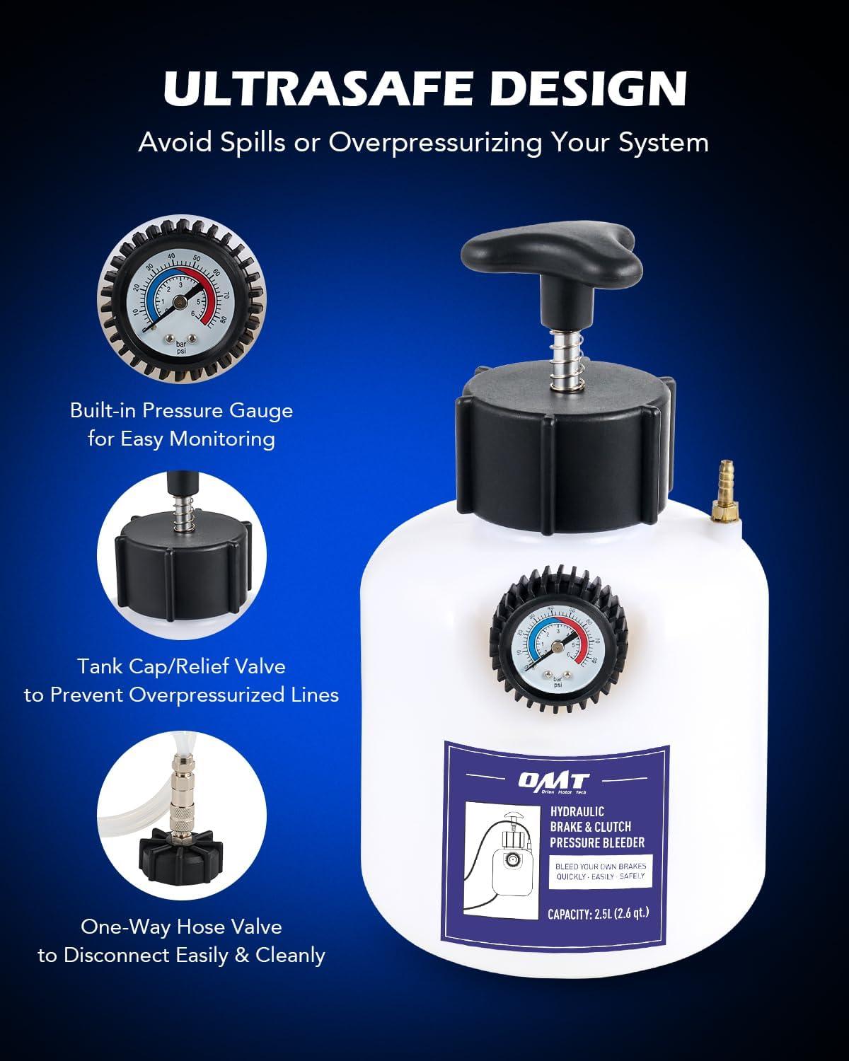 imageOrion Motor Tech Brake Bleeder Kit One Person 25L Brake Fluid Extractor Compatible with Ford VW BMW More Brake Pressure Bleeder with 26qt Bottle Vacuum Gauge Hose Cap Wrench ampamp European AdapterBlue