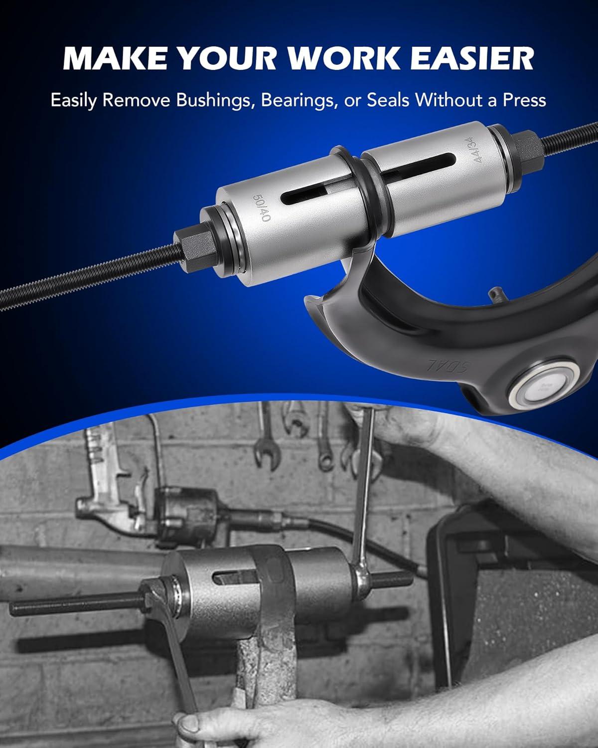 imageOrion Motor Tech Bushing Press Kit 27pc Pull and Press Sleeve Kit for Most LCV HGV Engine Cars Vehicles Universal Seal Bearing Bushing Removal Installation Tool Kit 5 Pulling Spindles with Nuts Case